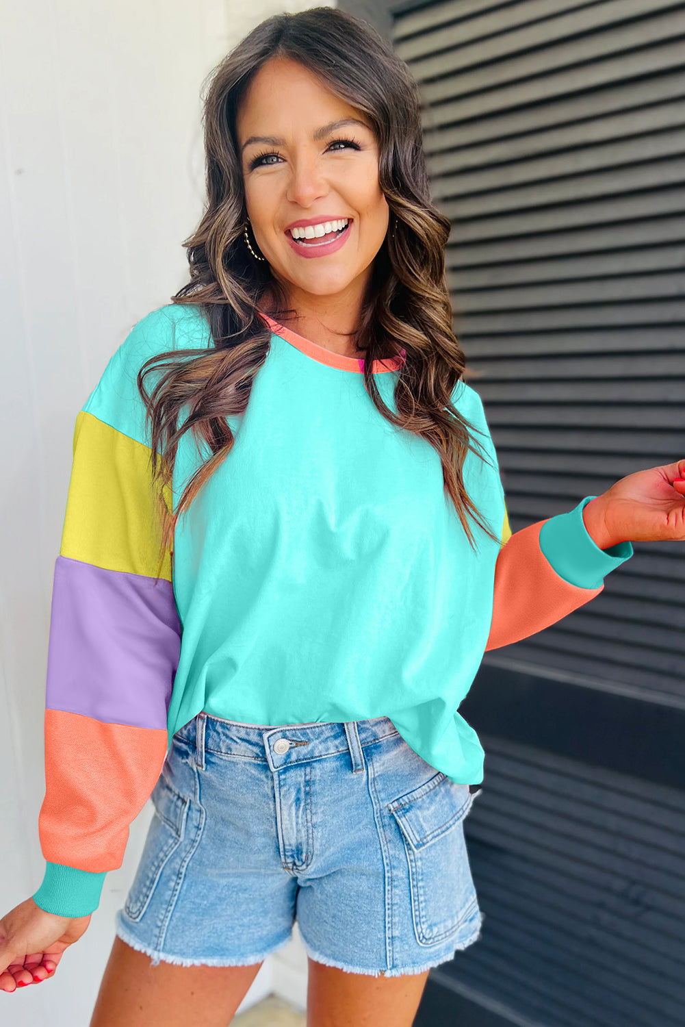 Dark Blue Colourblock Patchwork Long Sleeve Loose Top eAura