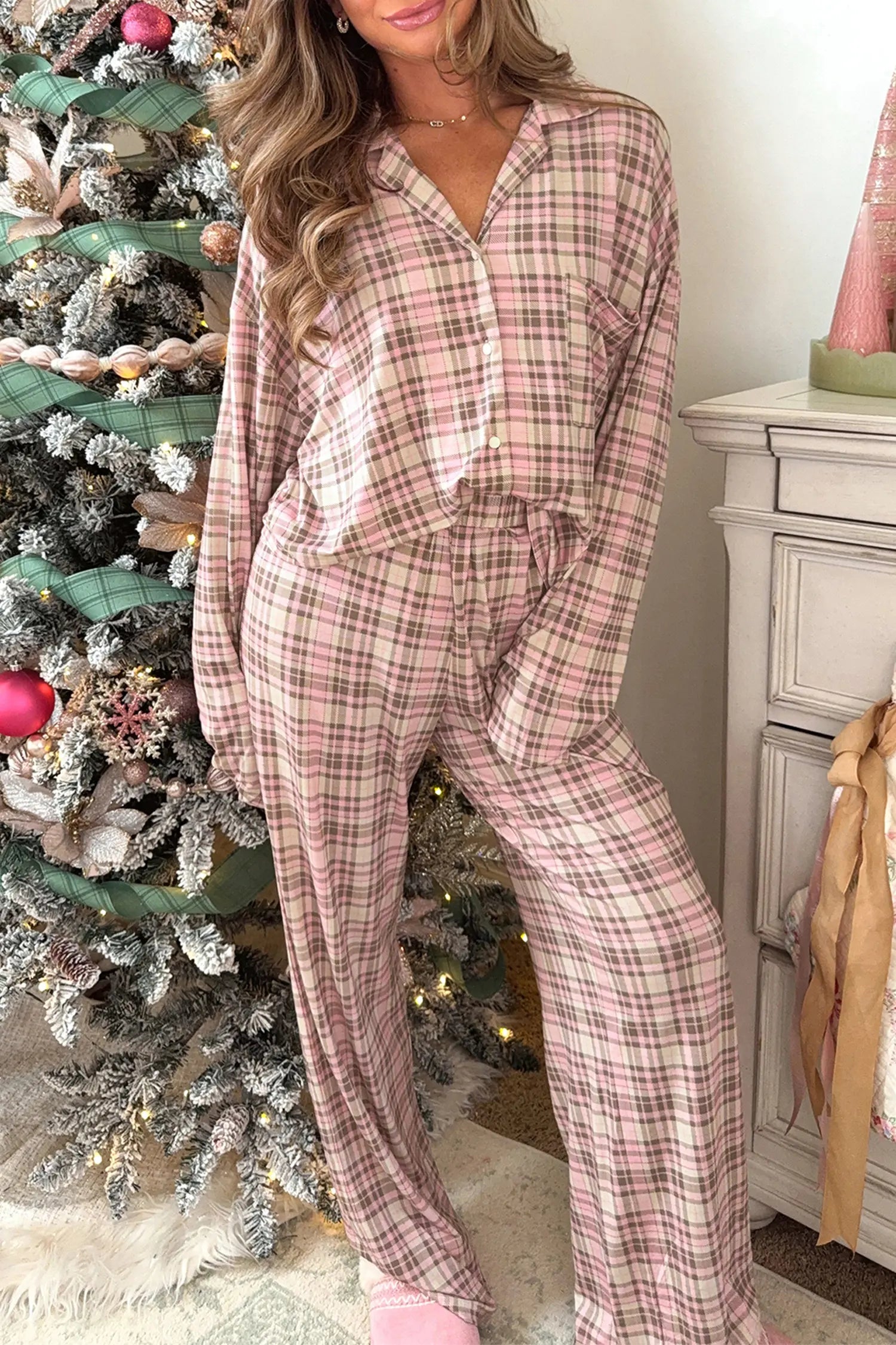 Plaid Patch Pockets Long Sleeve Pyjamas Lounge Set – Pink