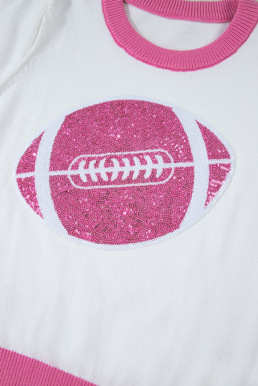 Red Sequin Rugby Colour Block Puff Short Sleeve Sweater eAura