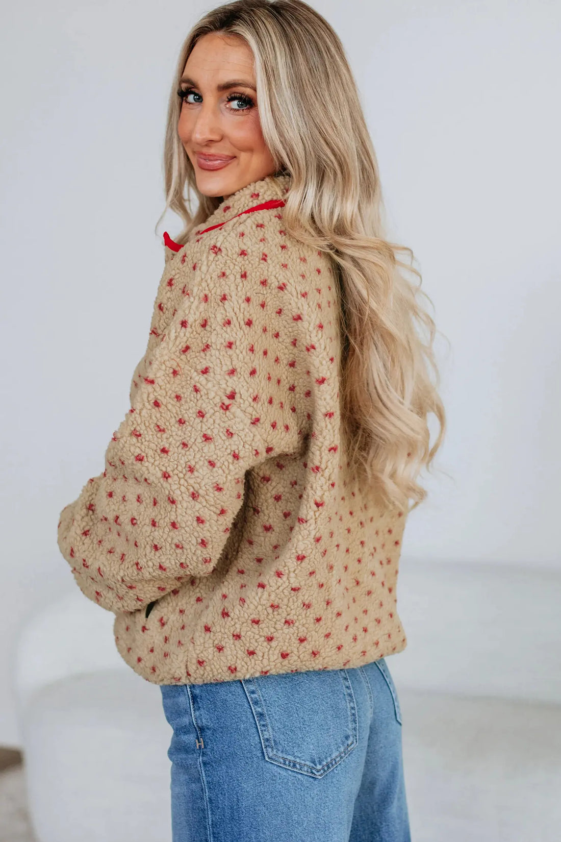 Khaki Heart-Pattern Fleece Sweatshirt with Contrast Collar