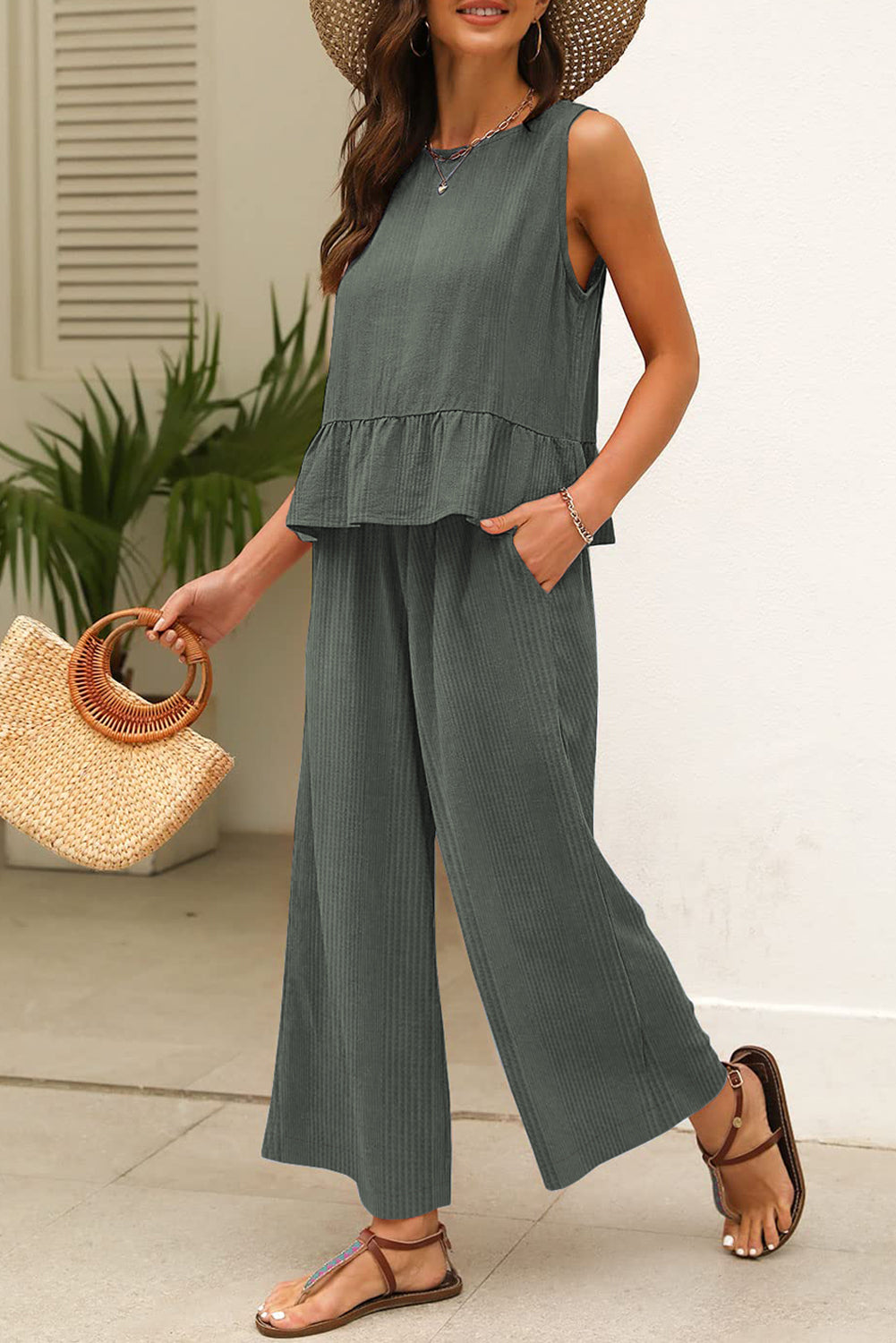 Duffel Green Solid Colour Ribbed Ruffle Tank Top and Trousers Set eAura