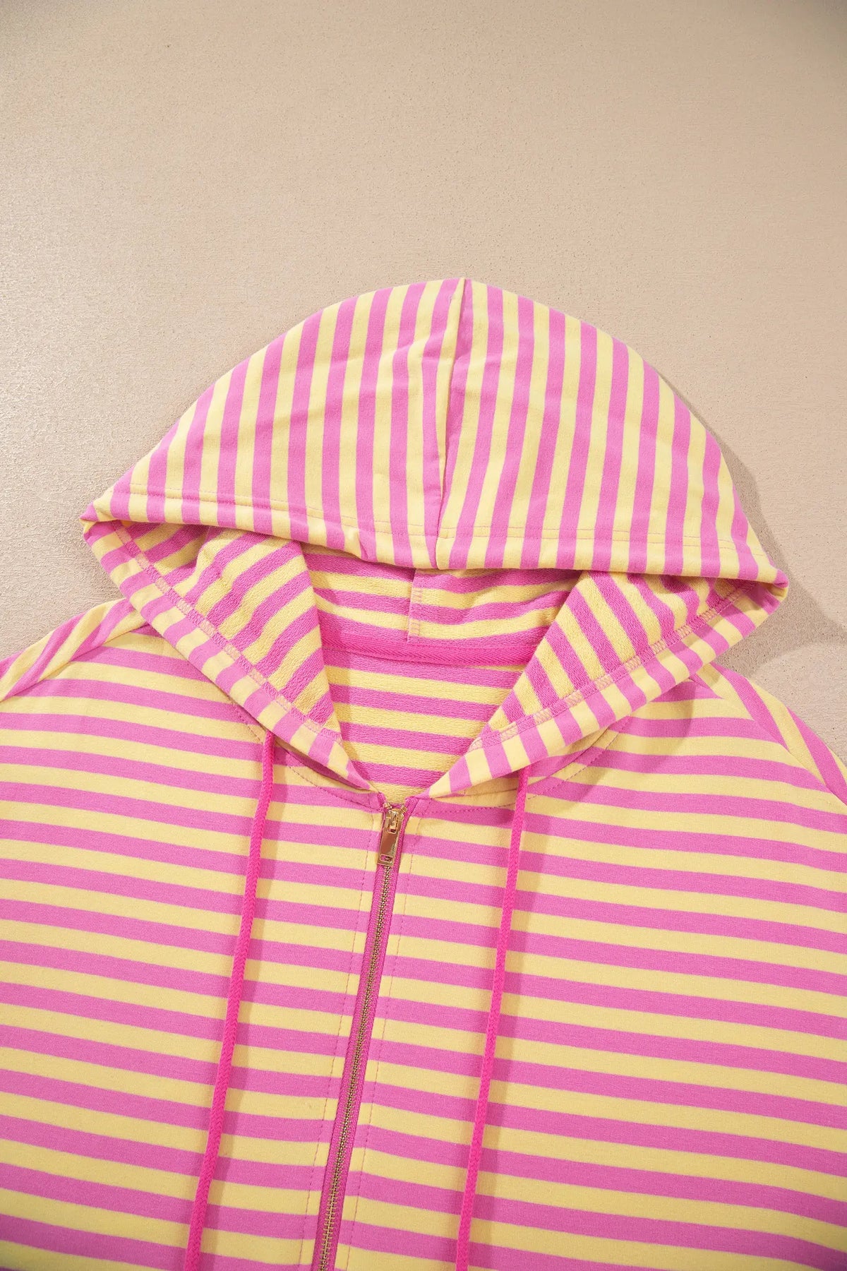 Striped Long Sleeve Zip-Up Hoodie Drawstring Elastic Waist 2pcs Short Set – Rose Red