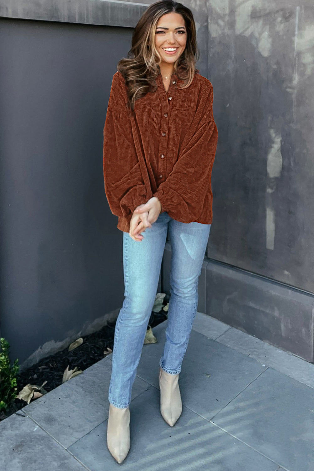 Coffee Textured Corduroy Puff Sleeve Shacket eAura