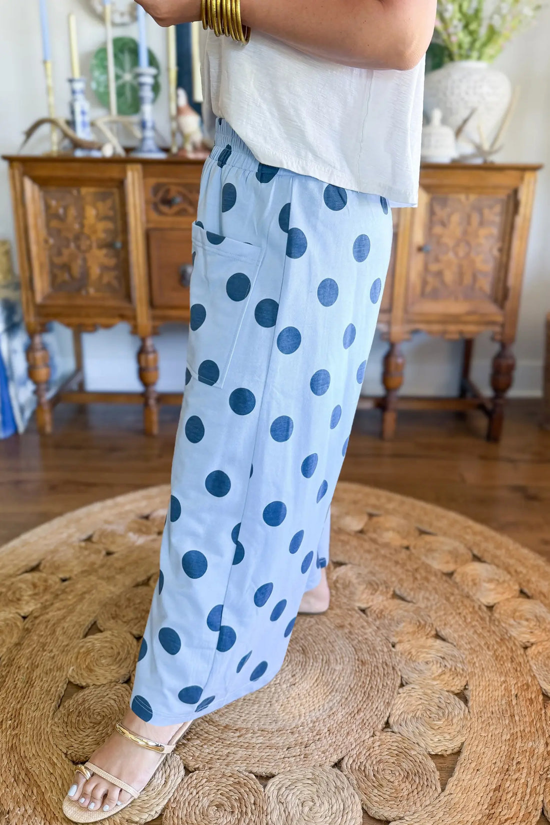 Polka Dot Elastic Waist Wide Leg Plus Size Pants – Khaki