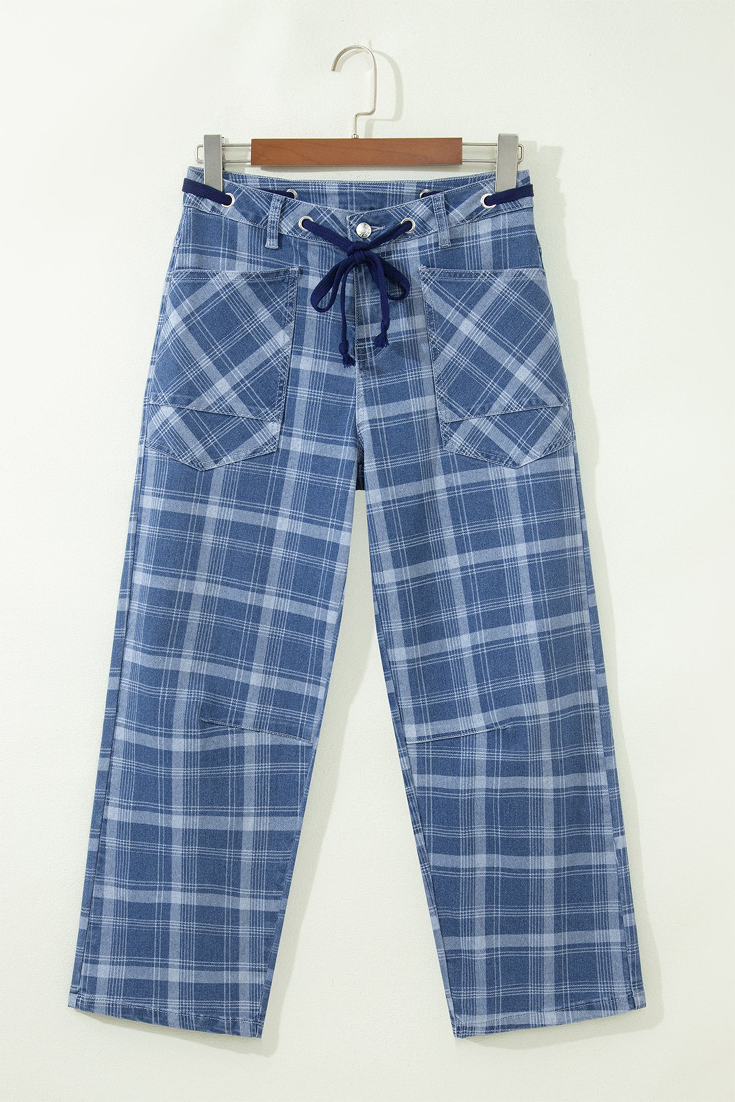 Sky Blue Plaid Denim Grommet Drawstring Waist Ankle-Length Jeans – Light Blue