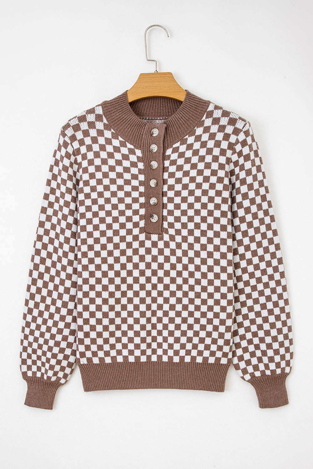 Dark Brown Half Button Ribbed Trim Checkerboard Knit Sweater eAura
