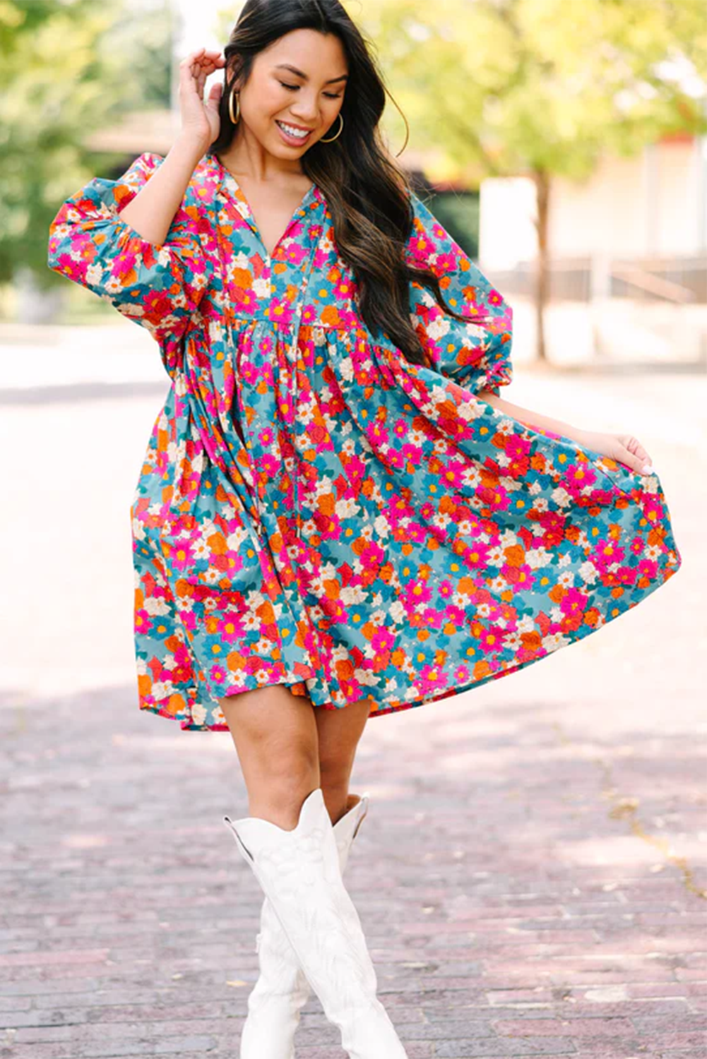 Sky Blue Floral Print Tie Split Neck Bubble Sleeve Babydoll Dress eAura