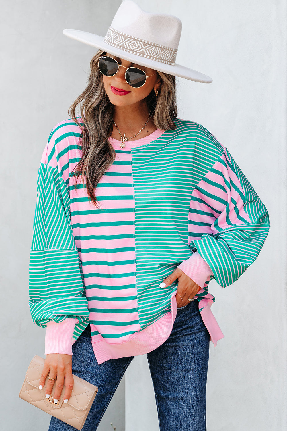 Green Stripe Patchwork Side Slit Oversized Sweatshirt - eAura