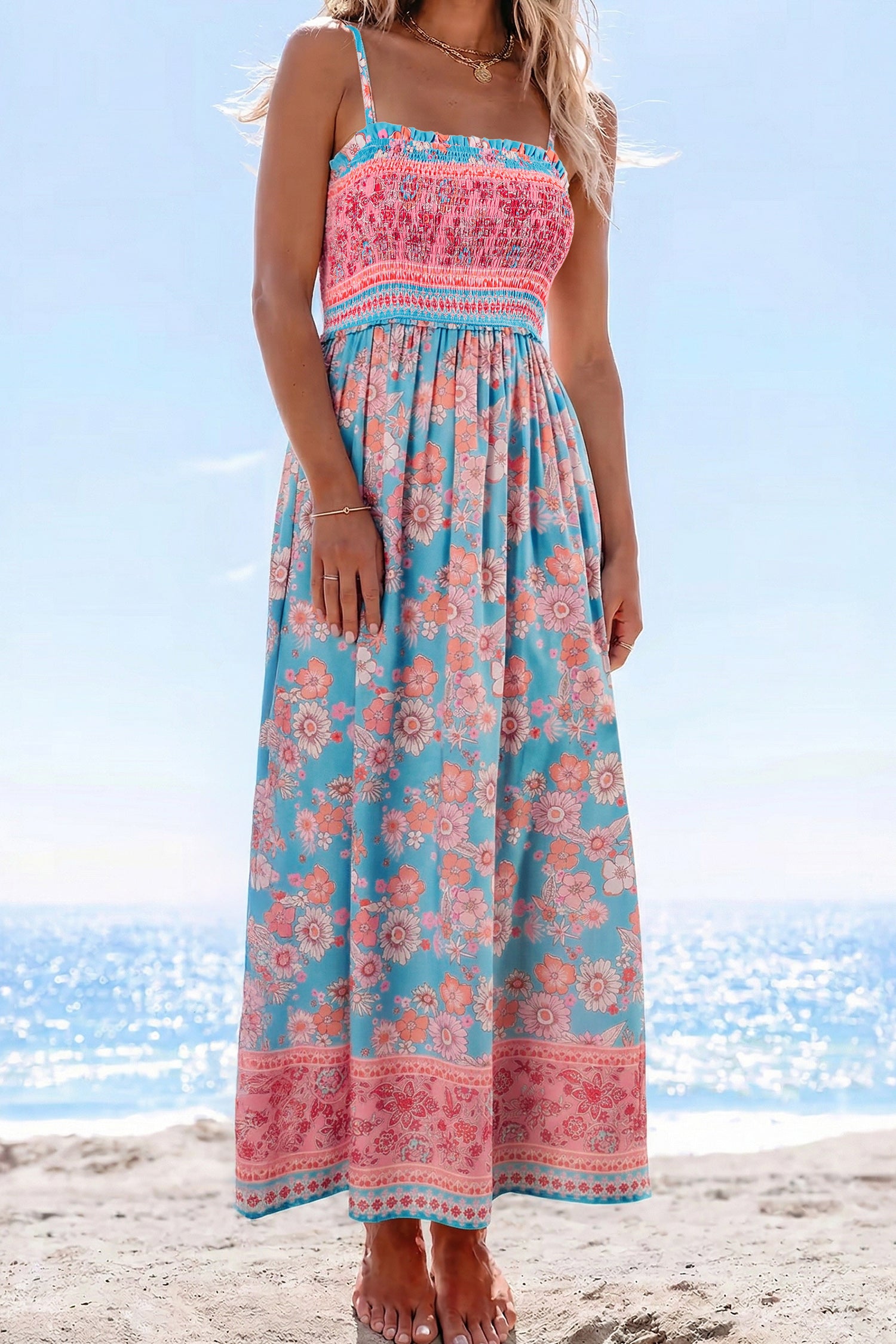 Boho Ethnic Print Smocked Waist Spaghetti Strap Maxi Dress