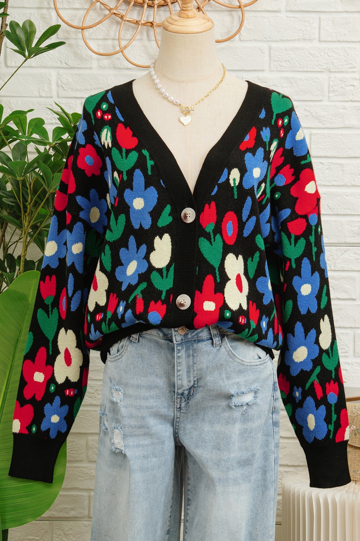 Floral Print V-Neck Buttoned Short Cardigan Sweater - Sweaters & Cardigans/Cardigans