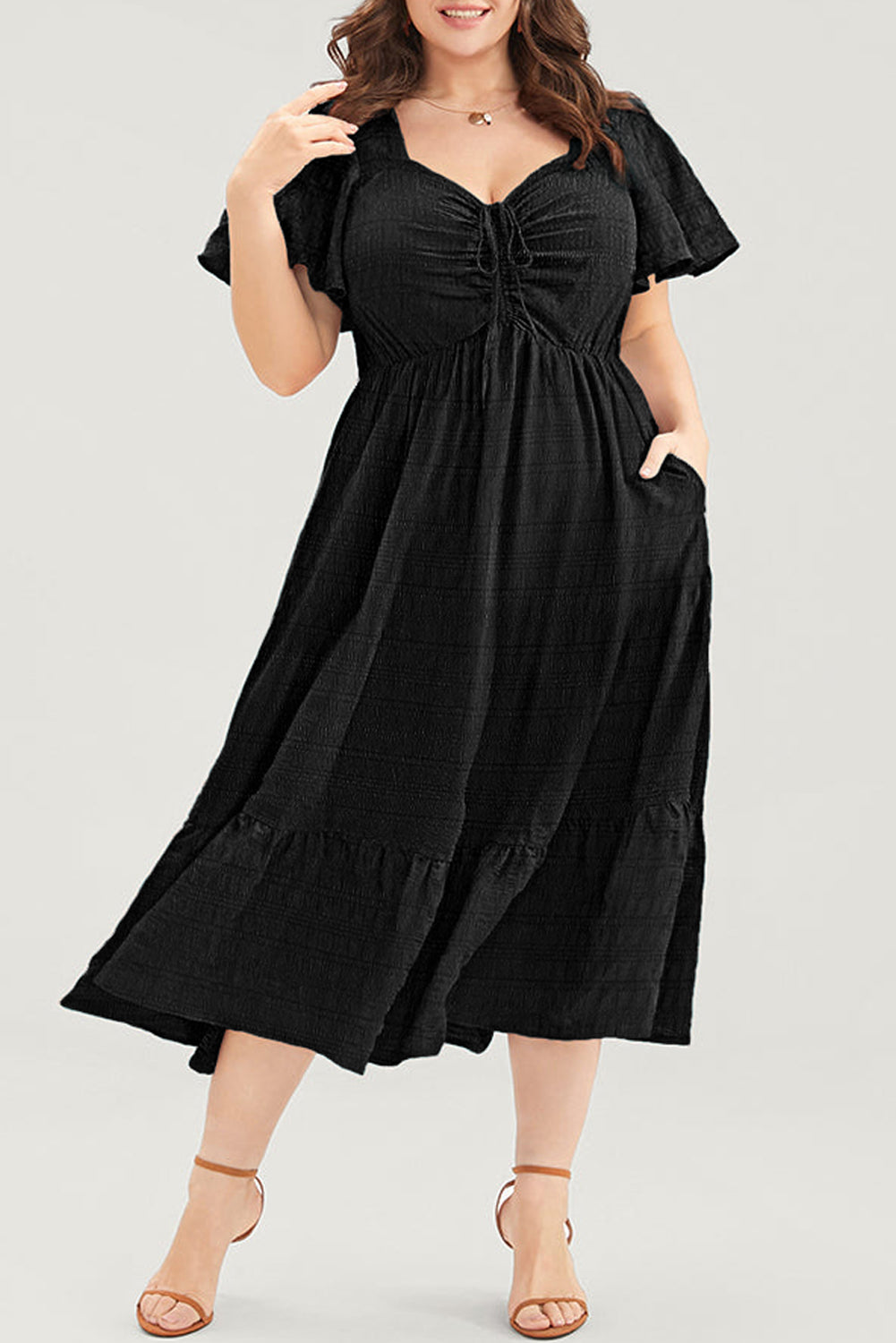 Plus Size Short Sleeve Lace-up High Waist Midi Dress