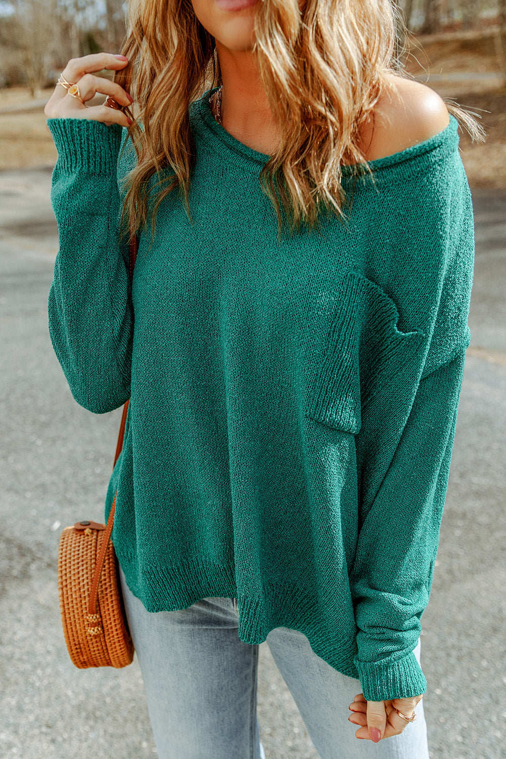 Black Solid Colour Off Shoulder Rib Knit Sweater with Pocket eAura