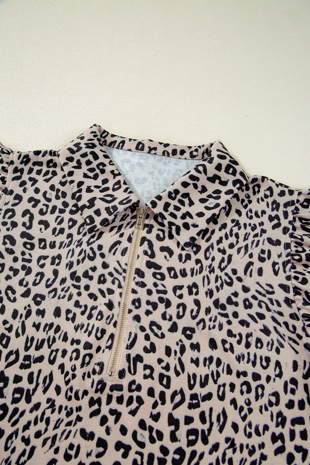 Brown Leopard Half Zipper Collared Ruffled Sleeve Top and Short Set eAura