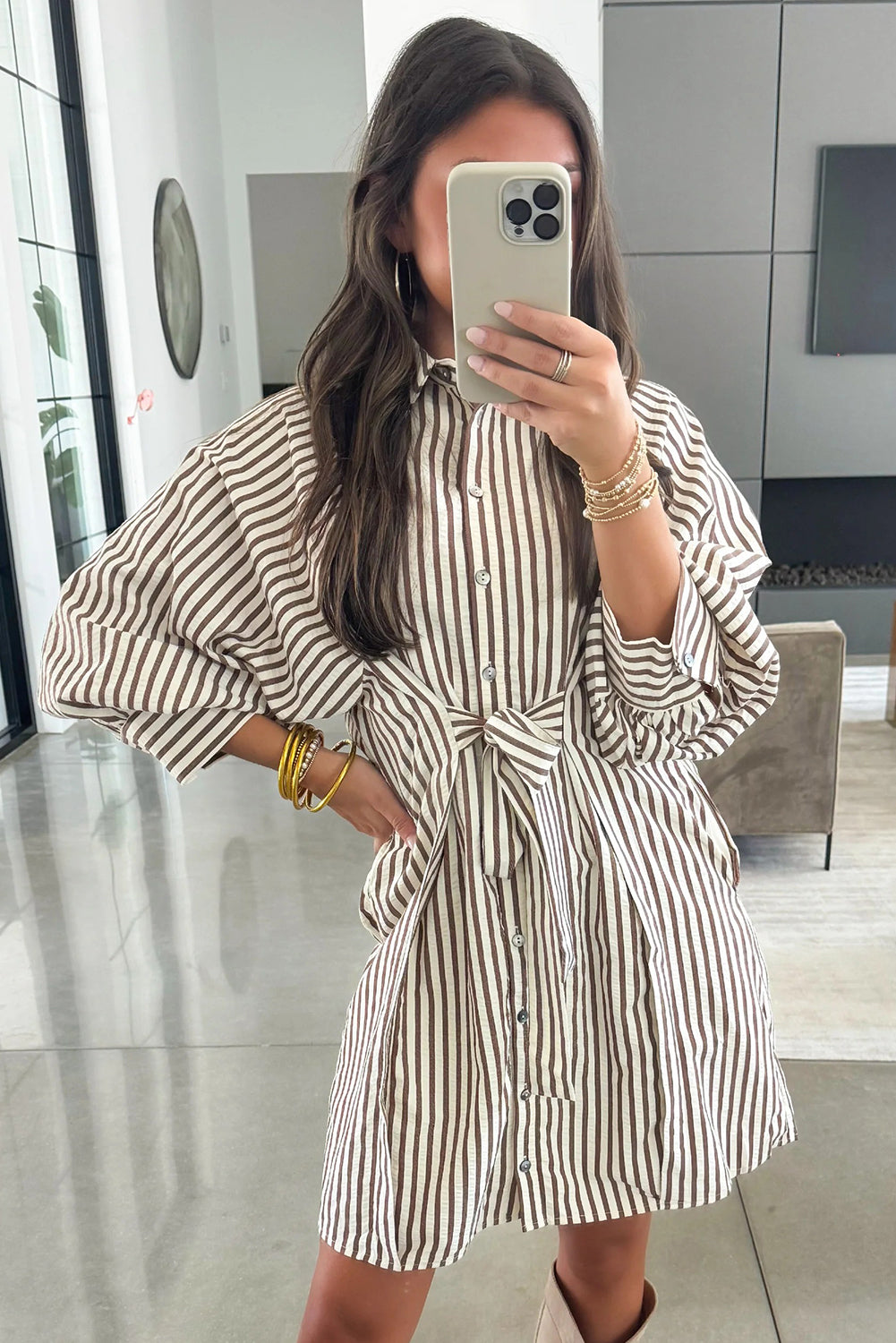 Stripe Knot Waist Puff Sleeve Button Down Mini Shirt Dress