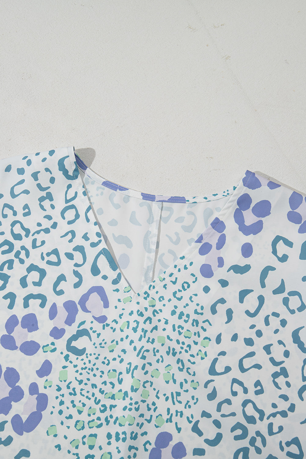 Sky Blue Mixed Leopard Print V Neck Short Sleeve Blouse eAura