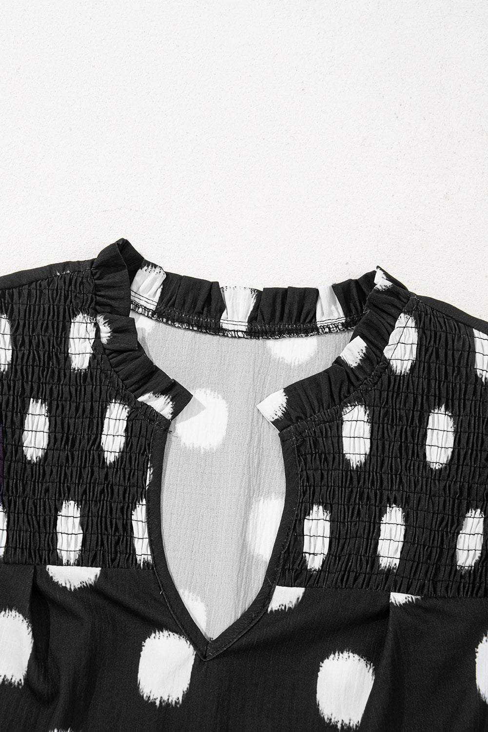 Black Polka Dot Print Shirred Yoke Notched Neck Balloon Sleeve Blouse eAura