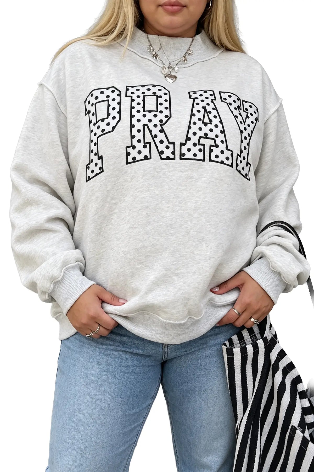 Gray PRAY Polka Dot Letter Print Mock Neck Plus Size Sweatshirt