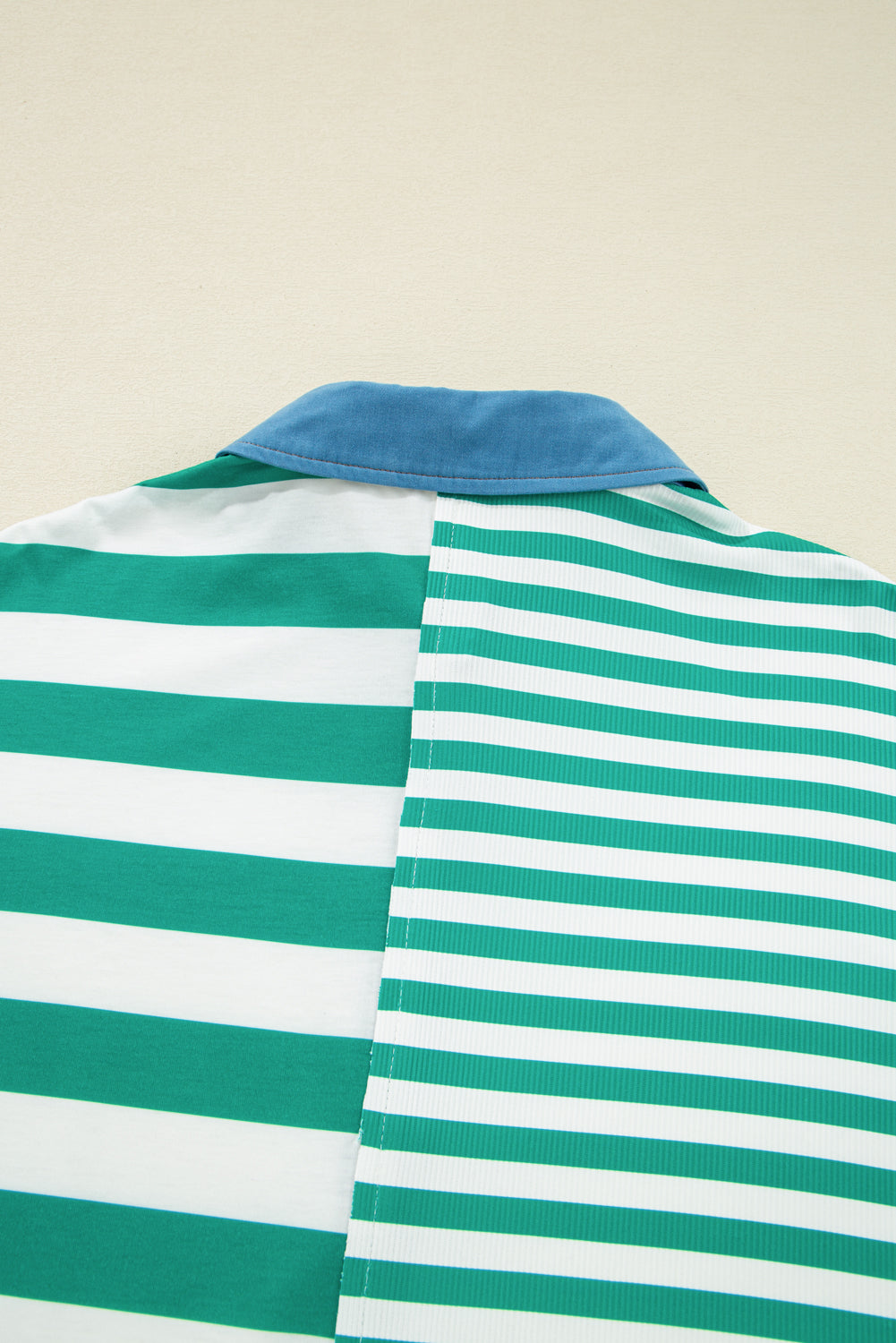 Green Stripe Colourblock Collar Half Buttons T Shirt eAura
