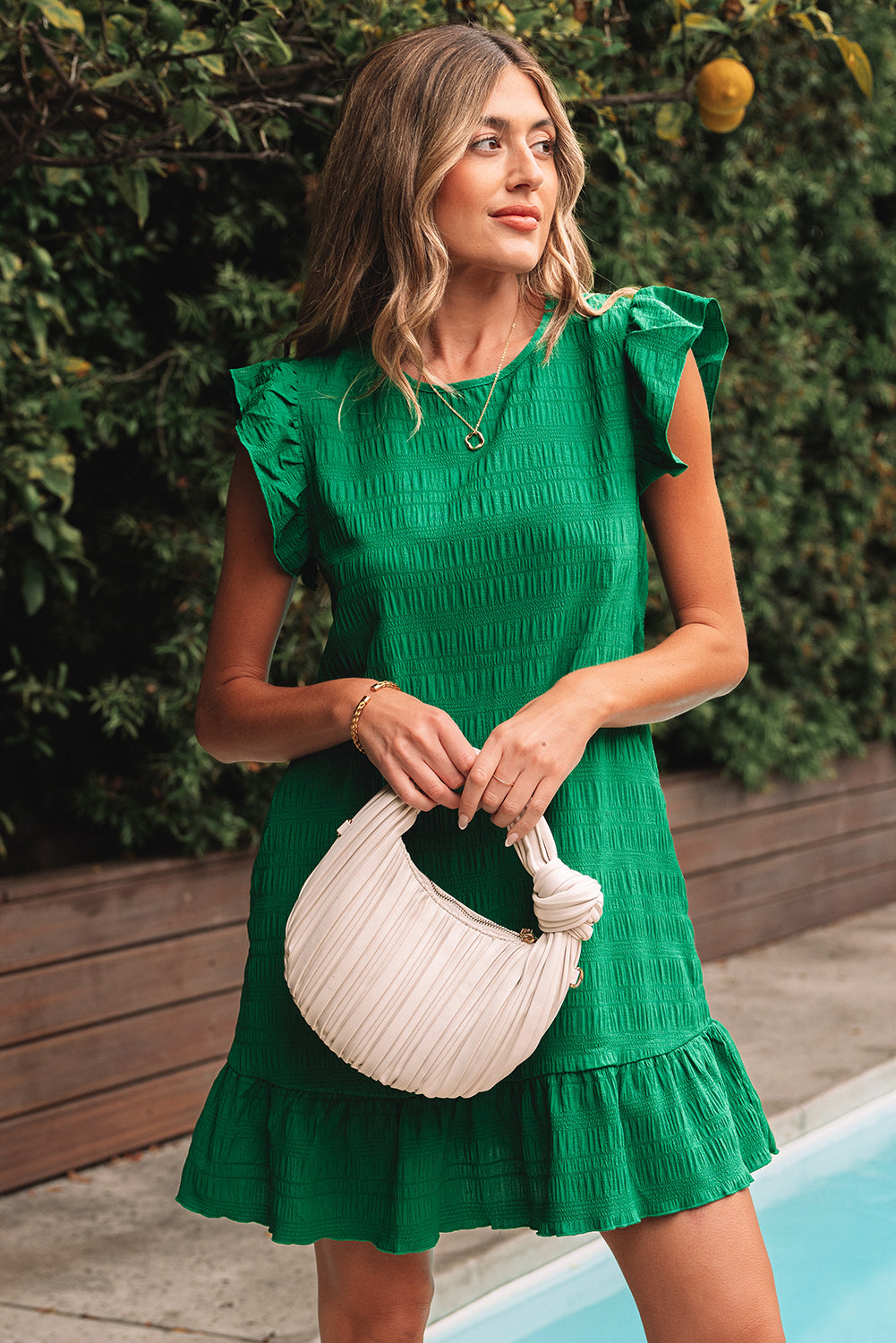 Textured Flutter Sleeve Ruffled Mini Dress eAura