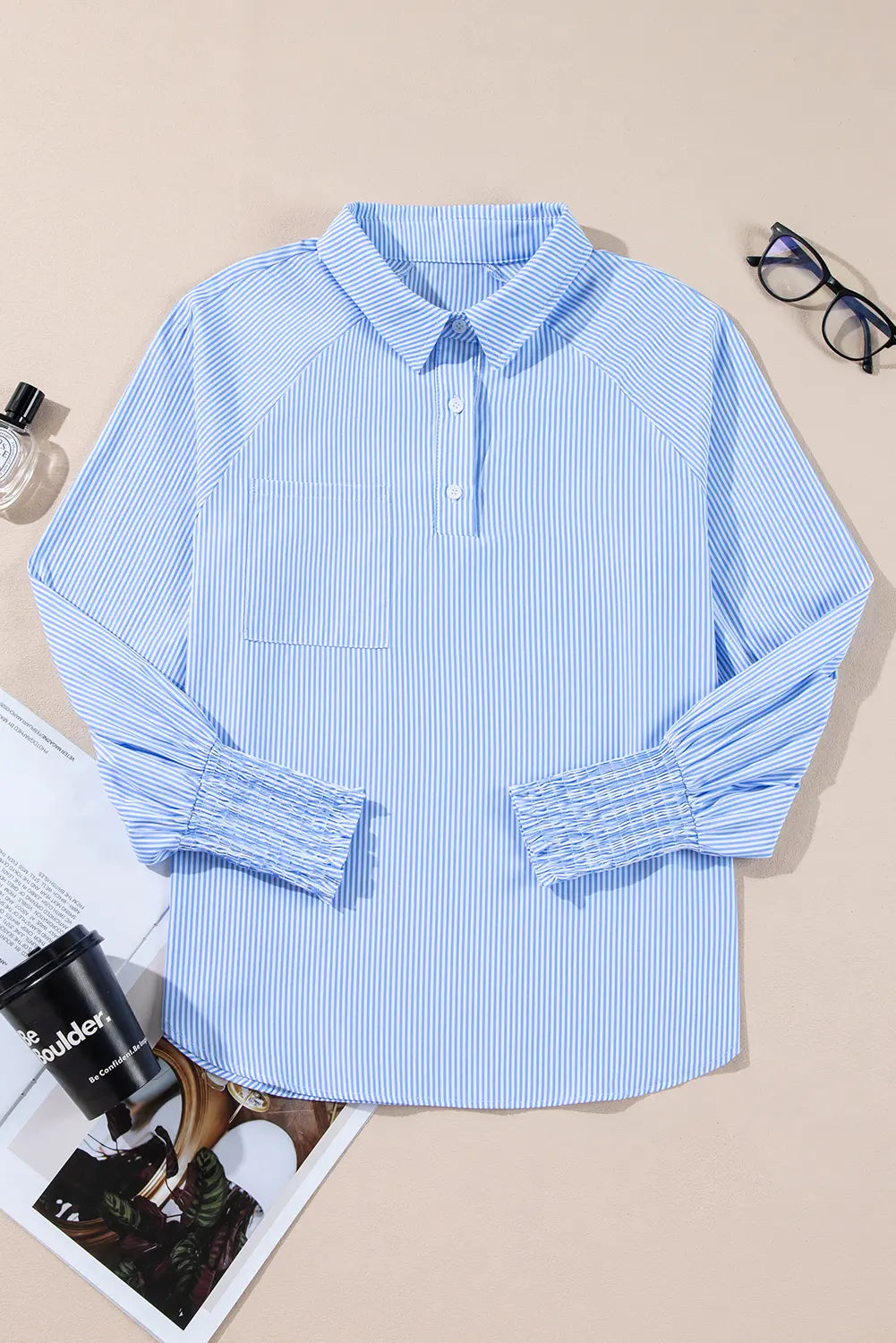 Pinstripe Long Sleeve Smocked Cuffs Button Shirt Collar Blouse – Sky Blue Stripe