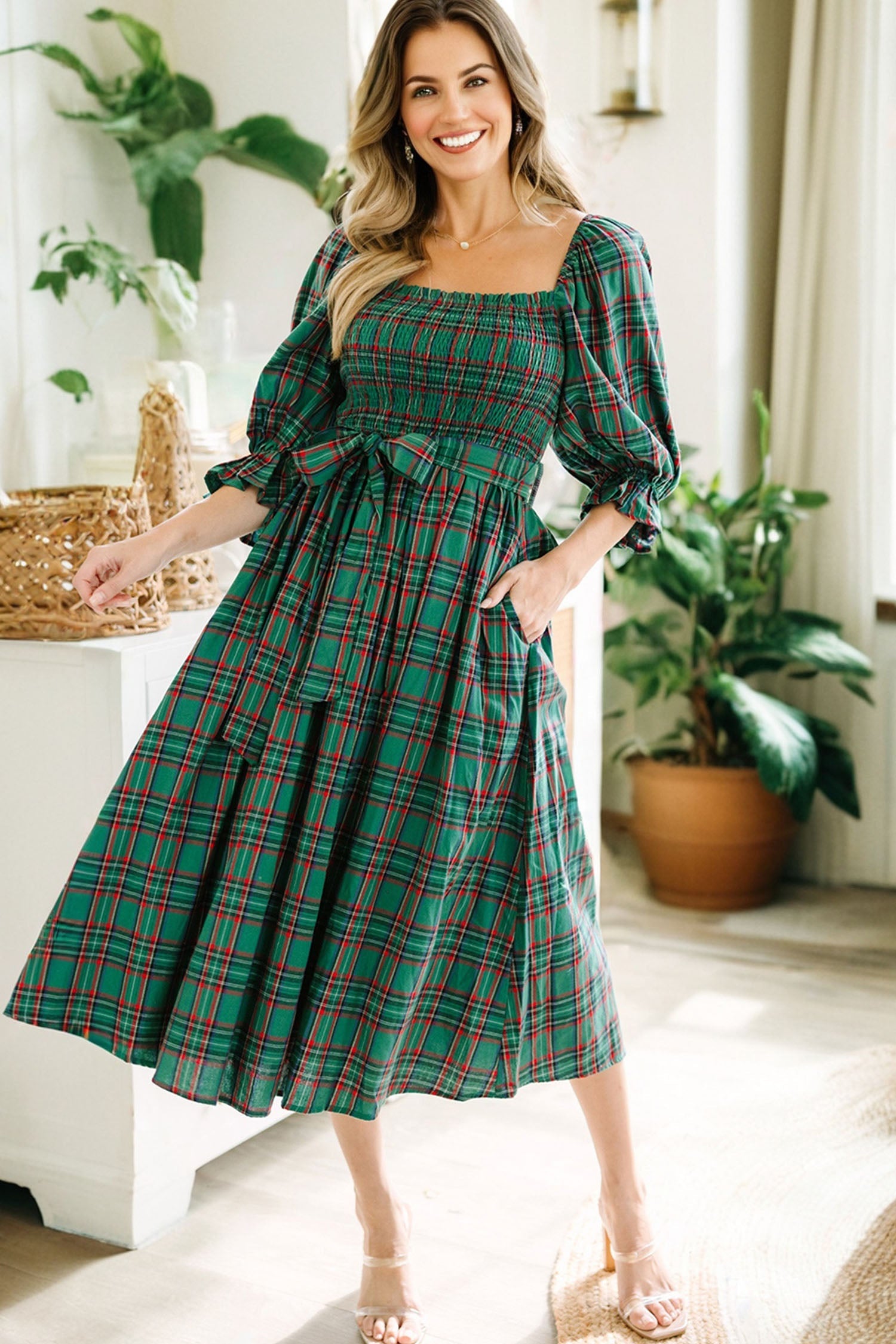 Tartan Plaid Square Neck Puff Sleeve Knot Waist Flared Midi Dress - eAura