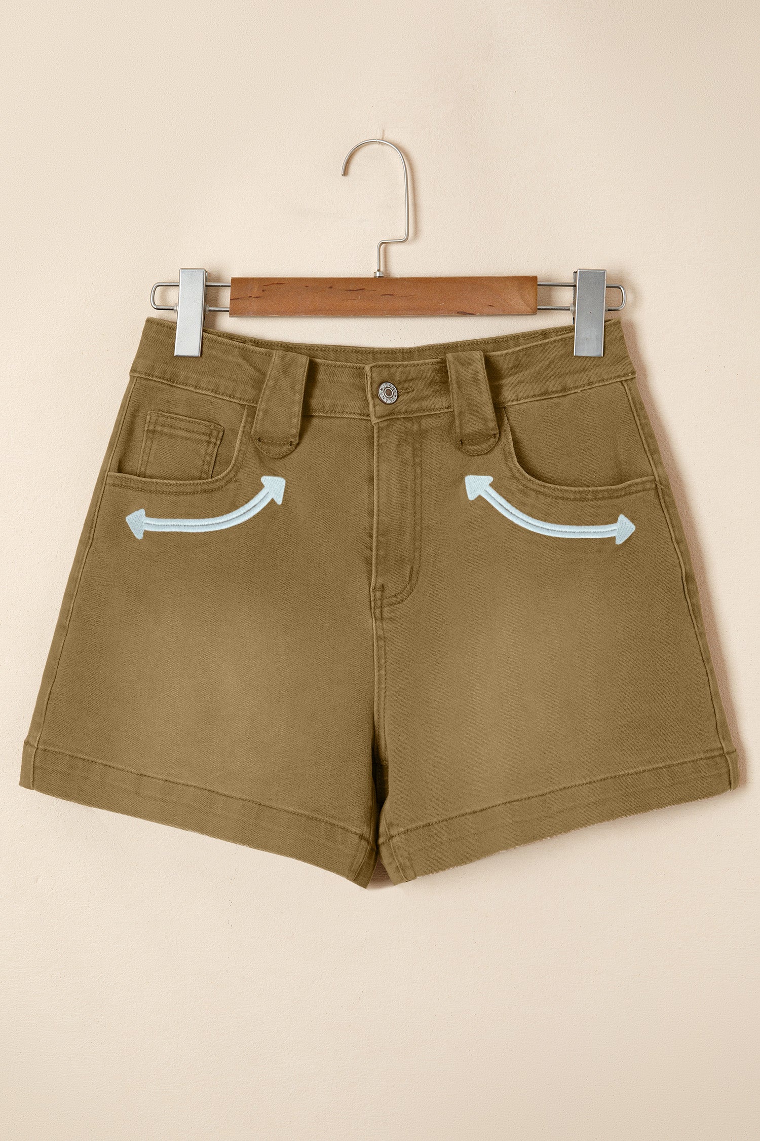 Contrast Arrow Detail Western Denim Shorts – Pale Khaki
