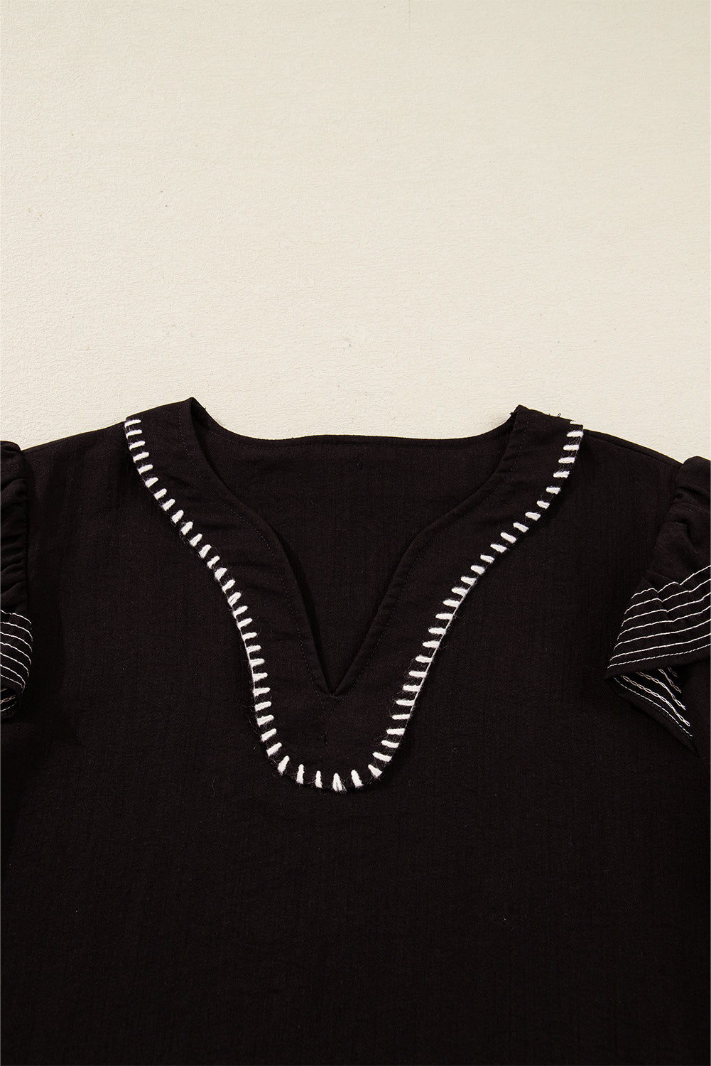 Black Contrast Stitched Detail V Neck Ruffle Long Sleeve Blouse - eAura