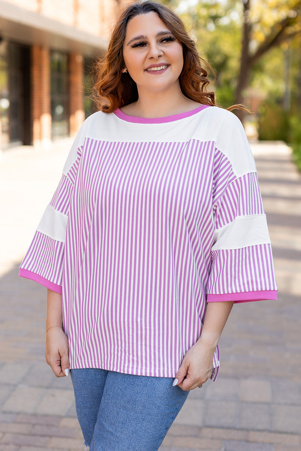 Pink Stripe Patchwork Bracelet Sleeve Plus Size T Shirt BB Fashion Outlet