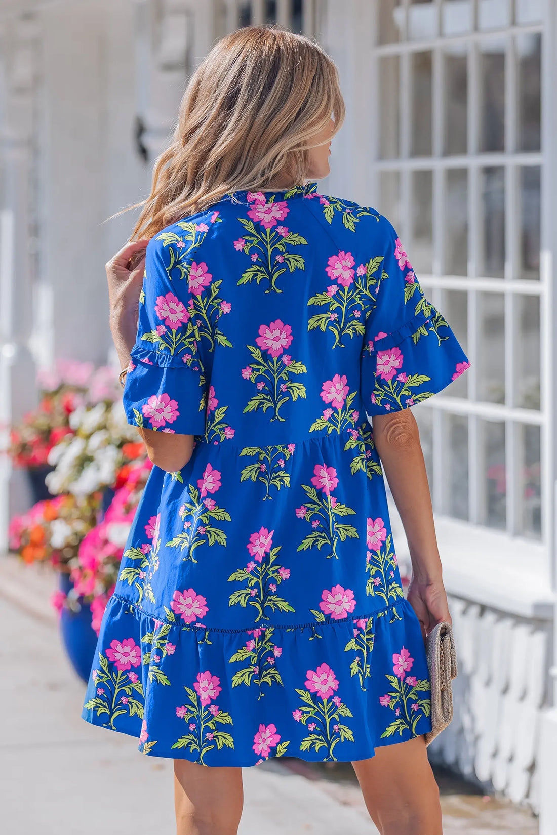 Floral Print V-Neck Ruffle Sleeve Loose Mini Dress