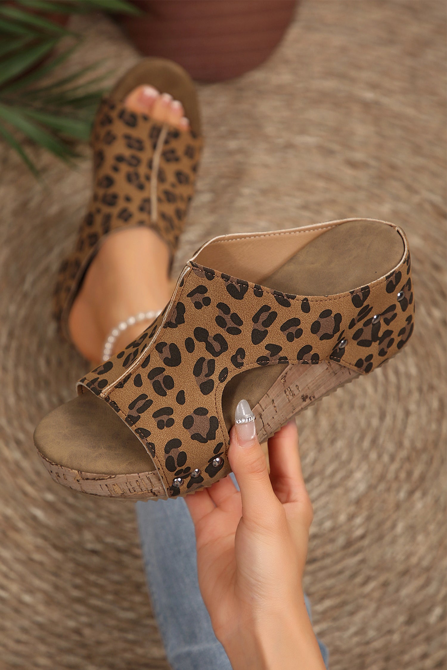 Leopard Print Studded Cutout Wedge Sandals – Chestnut