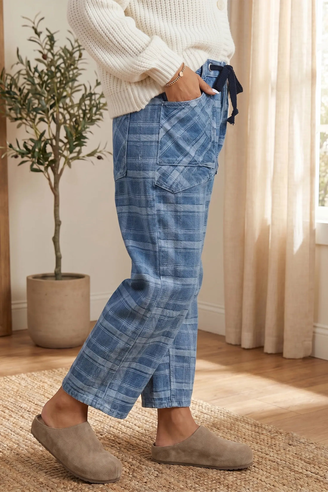 Sky Blue Plaid Denim Grommet Drawstring Waist Ankle-Length Jeans – Light Blue