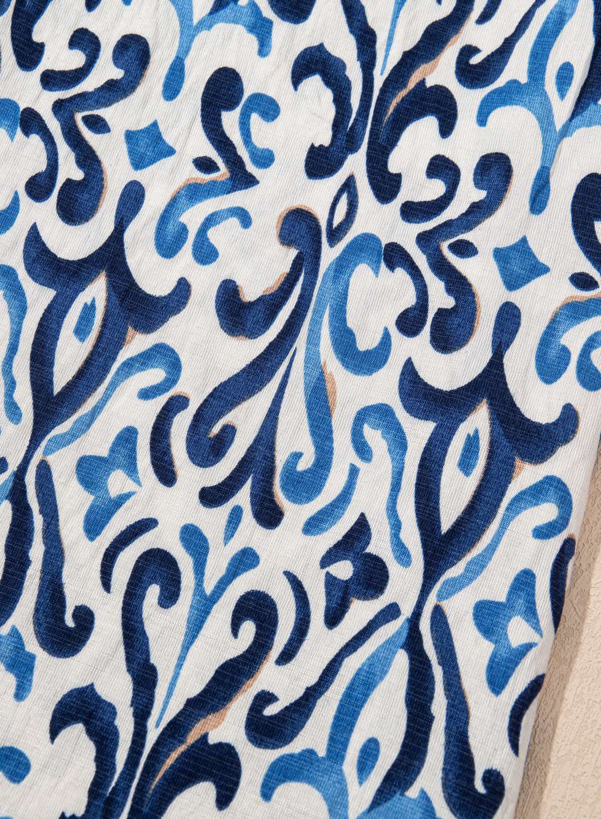 Sky Blue Boho Abstract Print Pintuck Detail Ruffled Top eAura