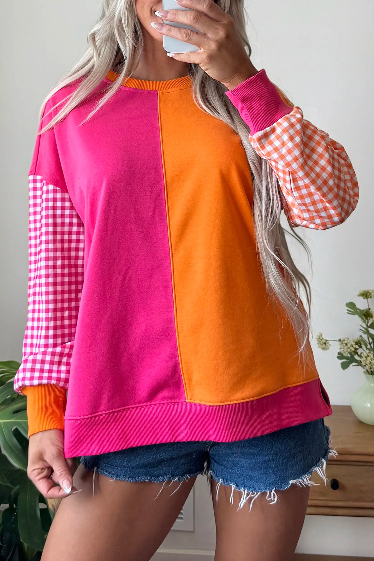 Colourblock Gingham Sleeve Crewneck Sweatshirt – Rose Red