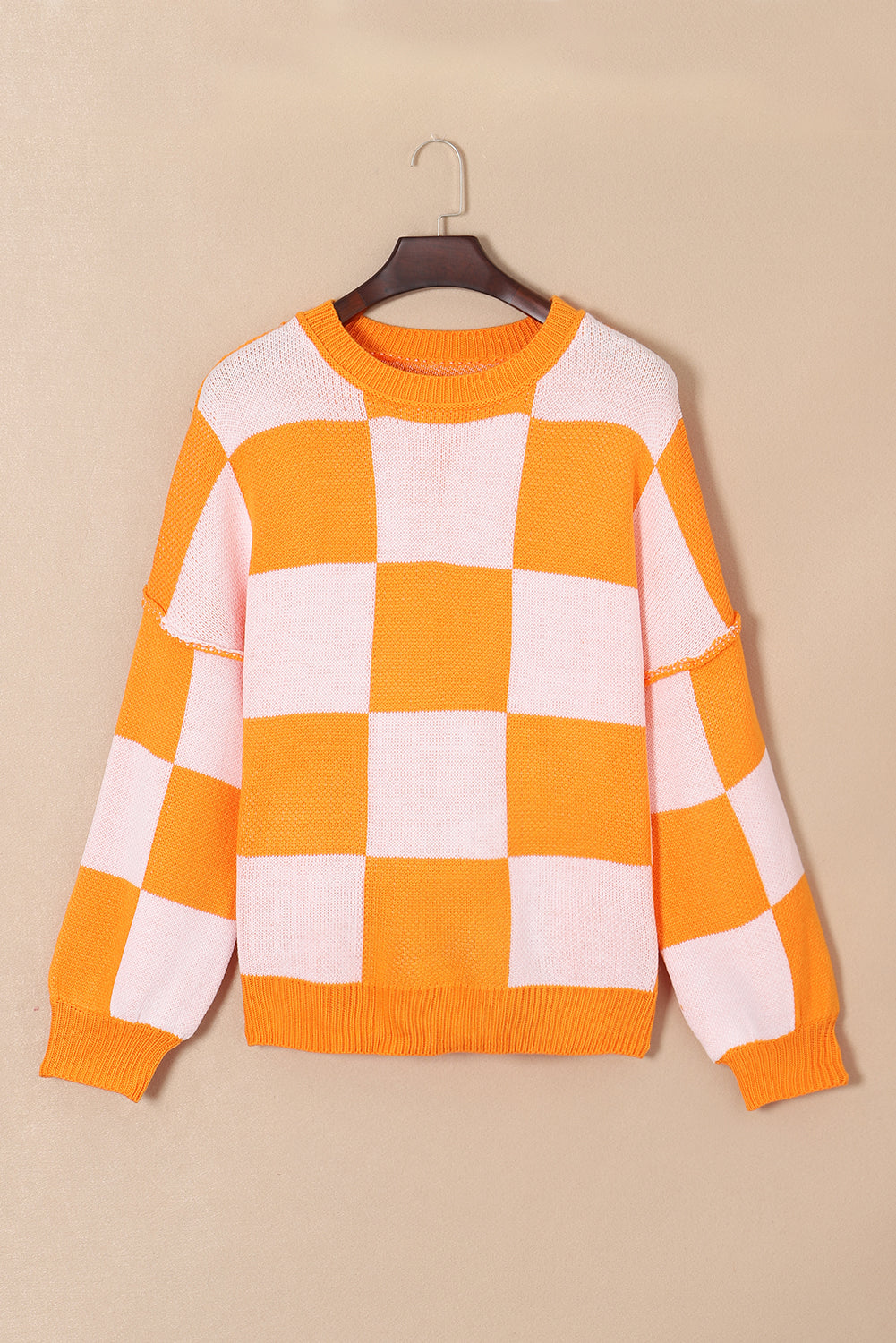 Orange Checkered Bishop Sleeve Sweater eAura
