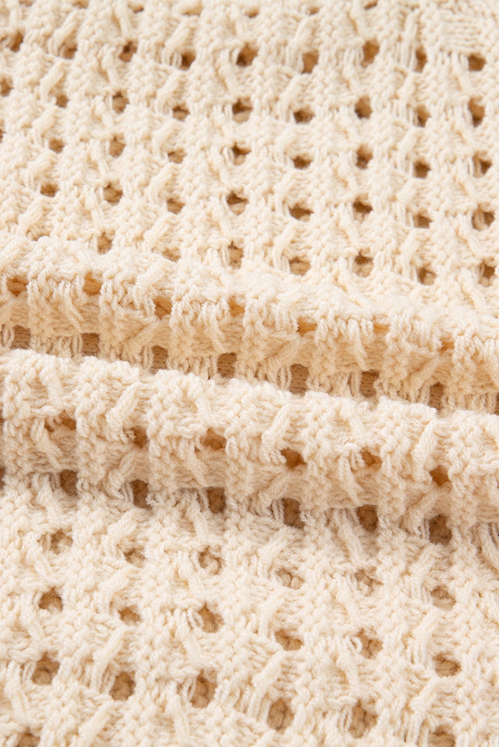 Beige Hollowed Knit Zip-Up Drop Shoulder Cardigan - eAura