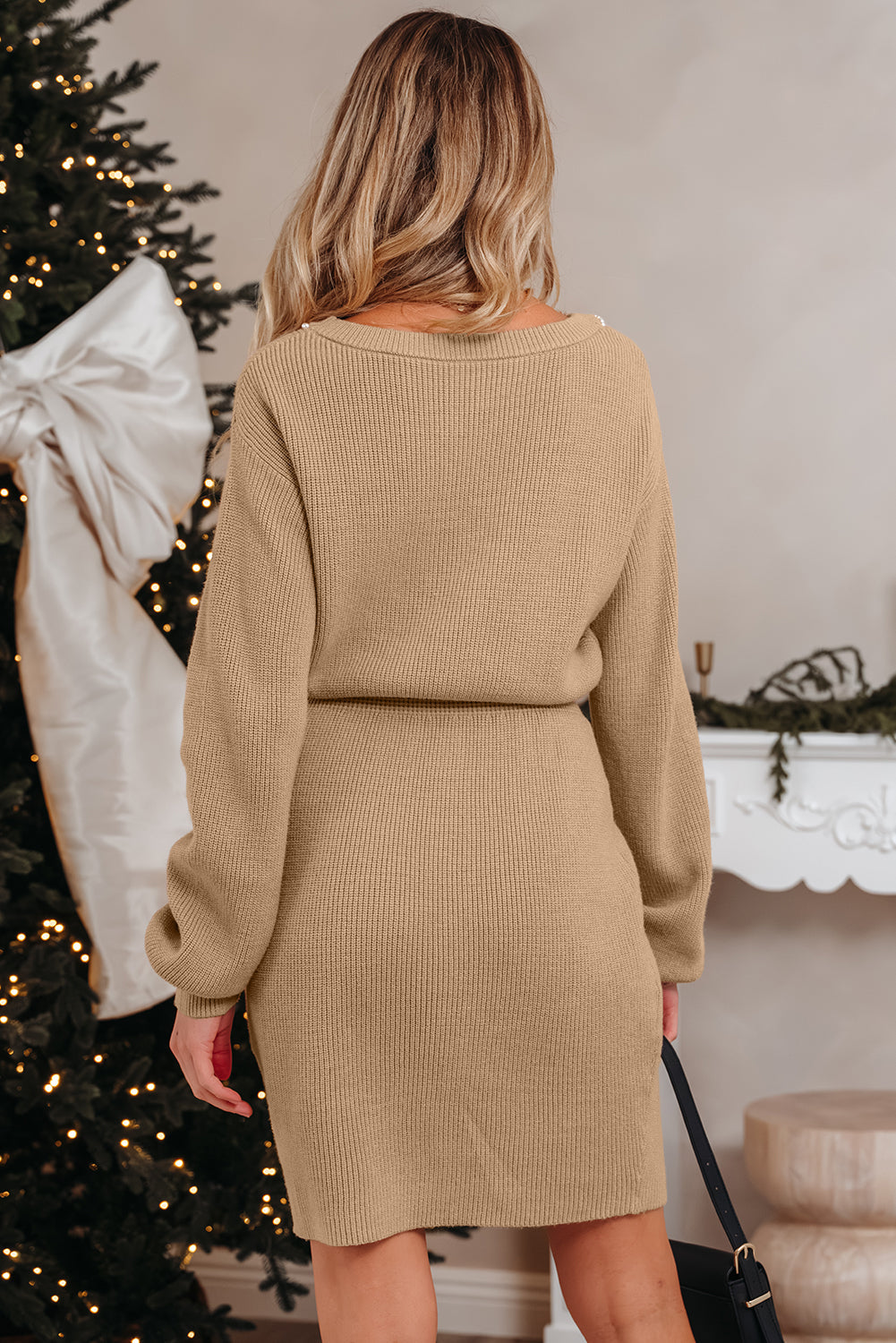 Pearl Embellished Keyhole Ribbed Sweater Dress - eAura