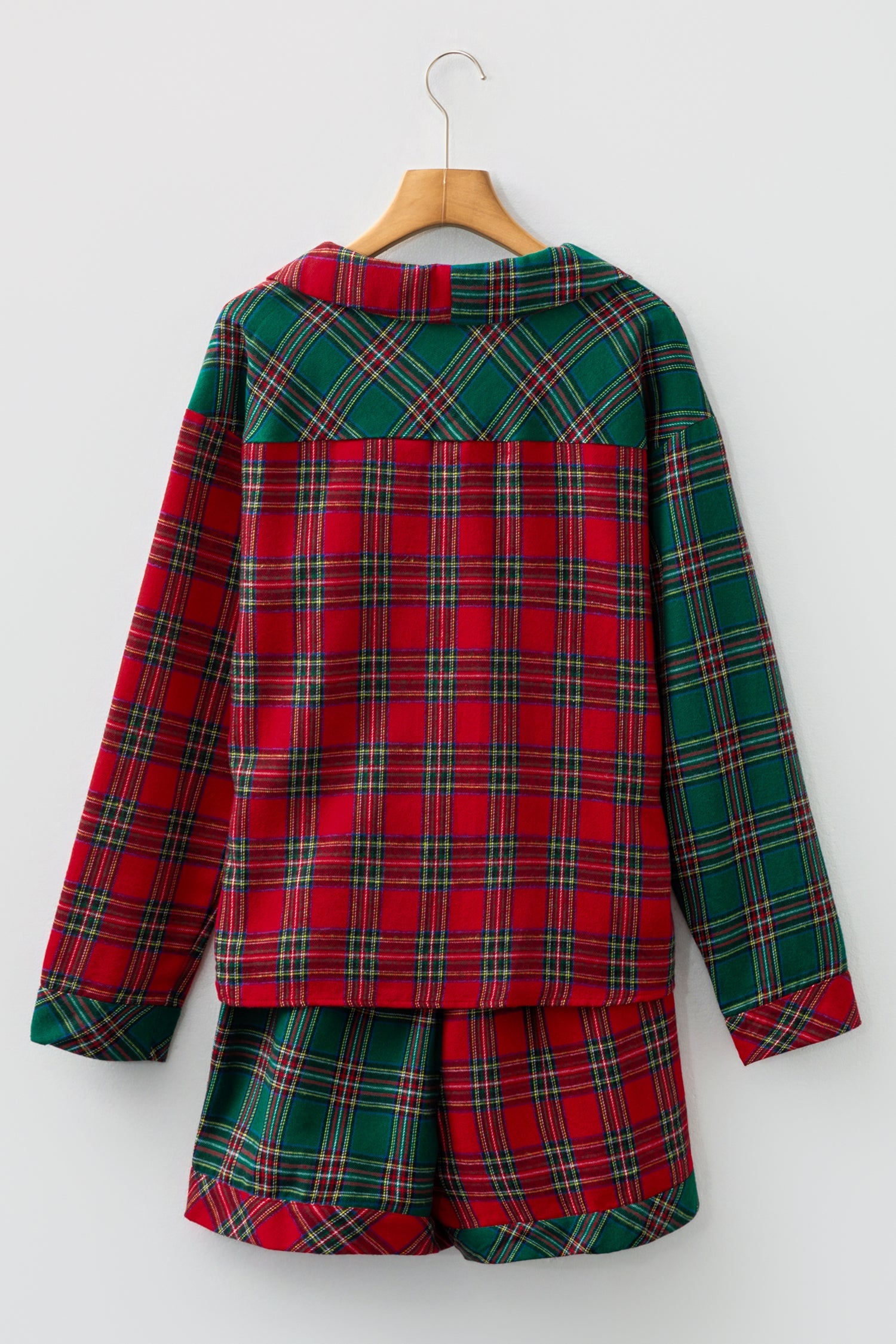 Plaid Contrast Christmas Holiday Long Sleeve Shirt and Shorts Pyjamas - eAura