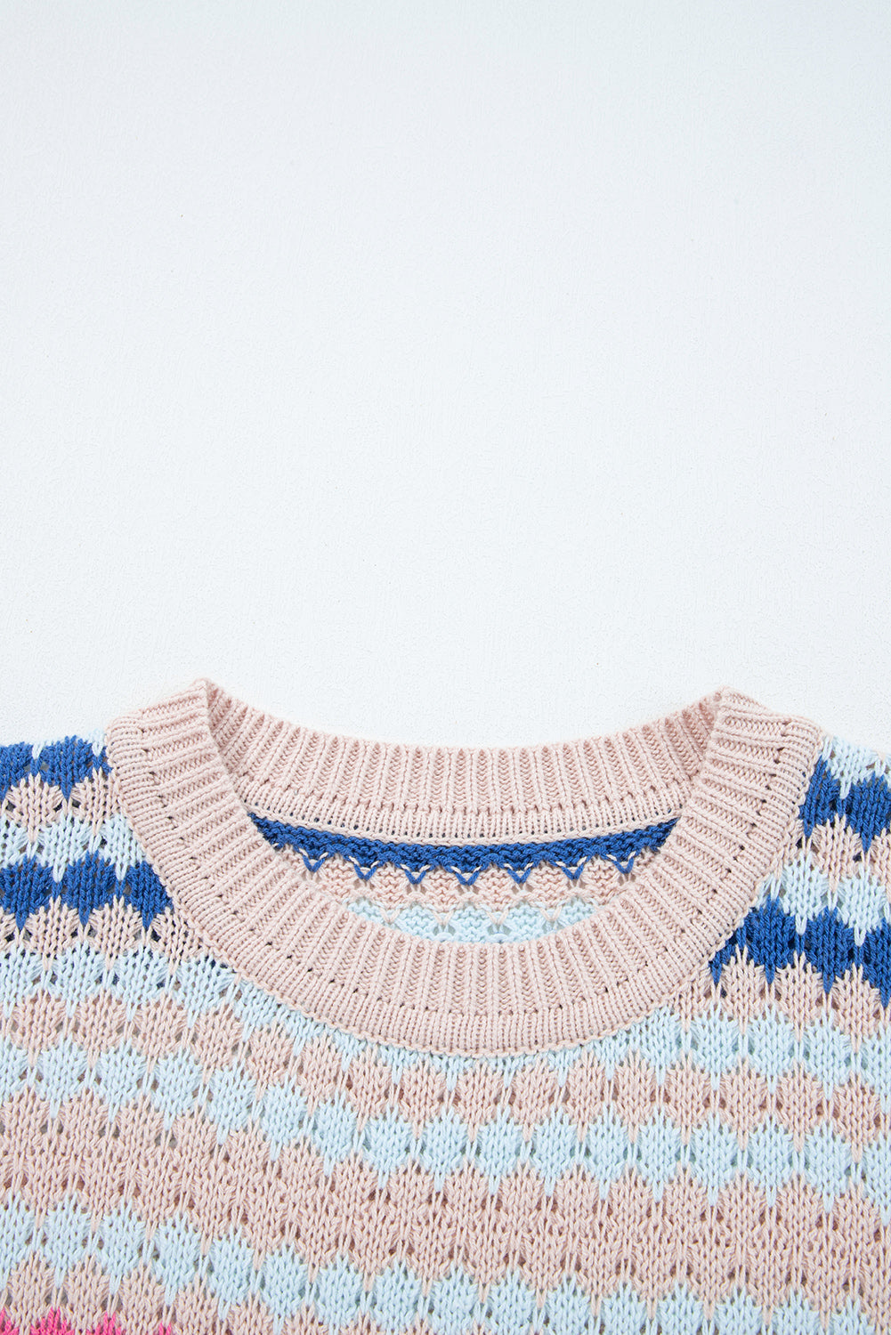 Striped Eyelet Patterned Drop Shoulder Knit Sweater - eAura