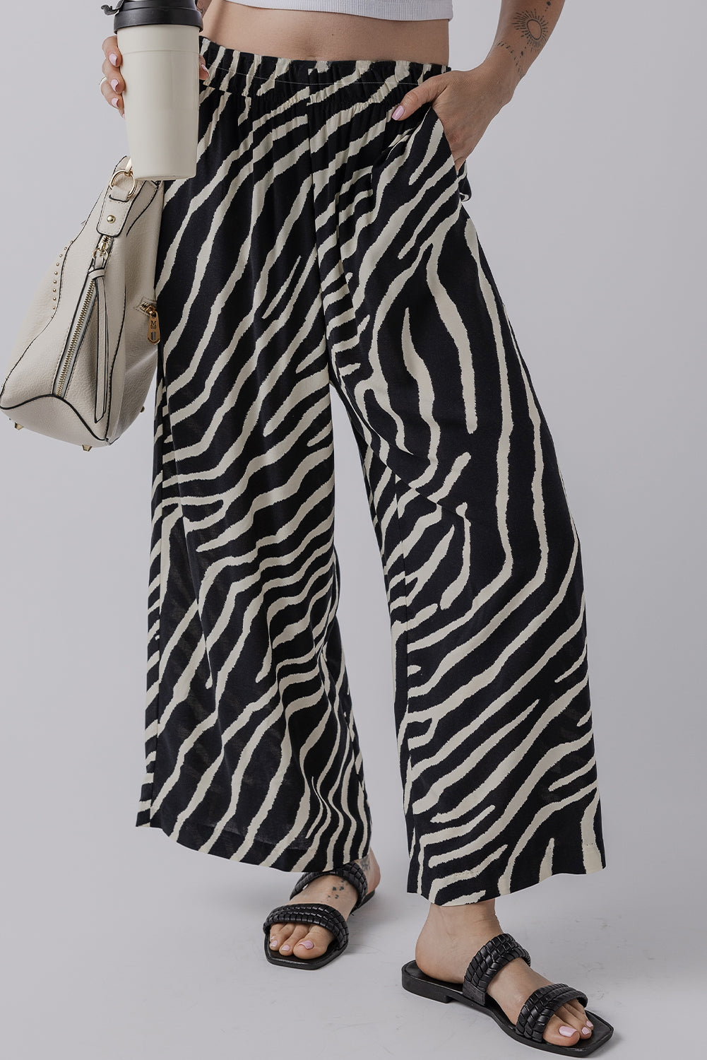 Black Zebra Striped Summer Wide Leg Trousers eAura