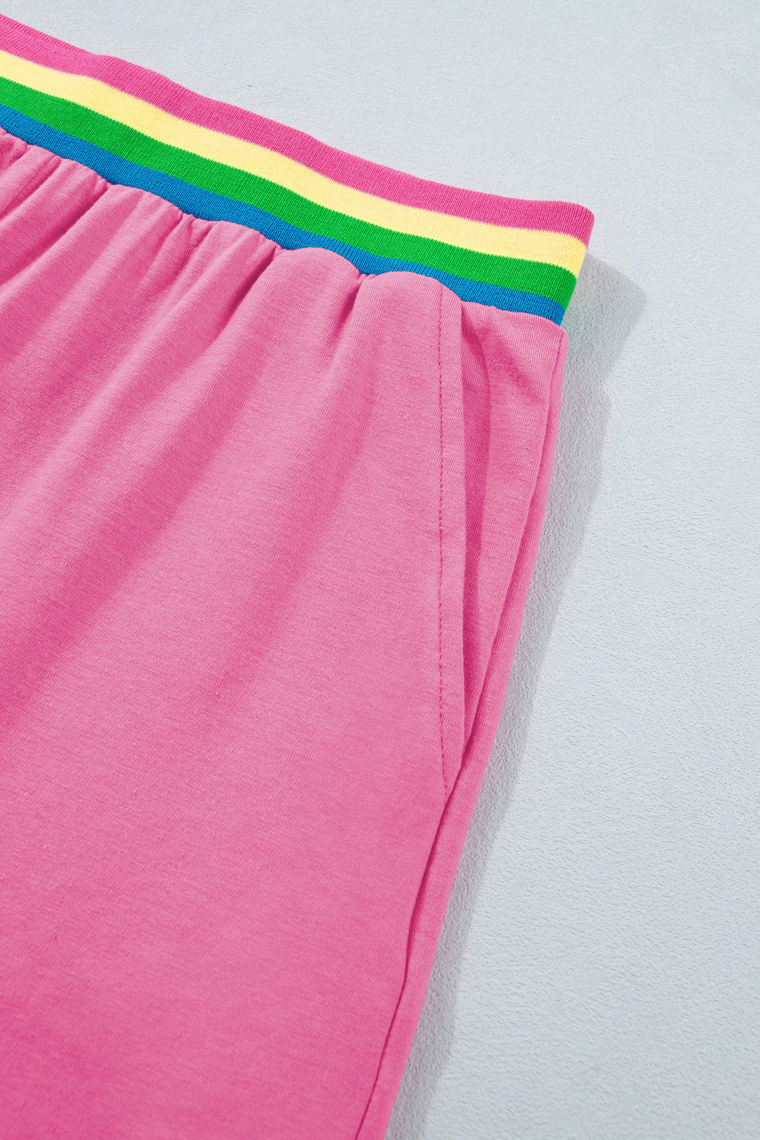 Seam Detail Raw Edge Tee Rainbow Waistband Casual Short Set