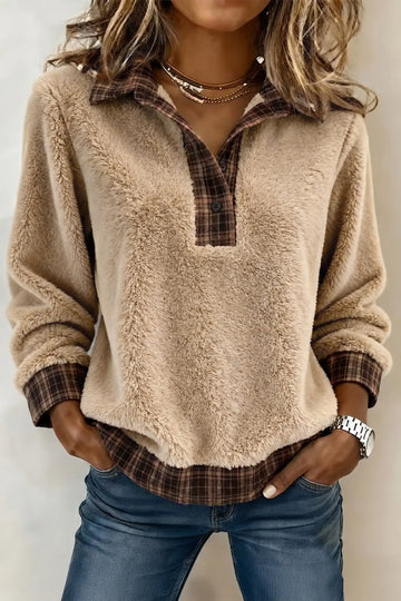 Fleece Pullover Sweatshirt with Plaid Collar & Button Front
