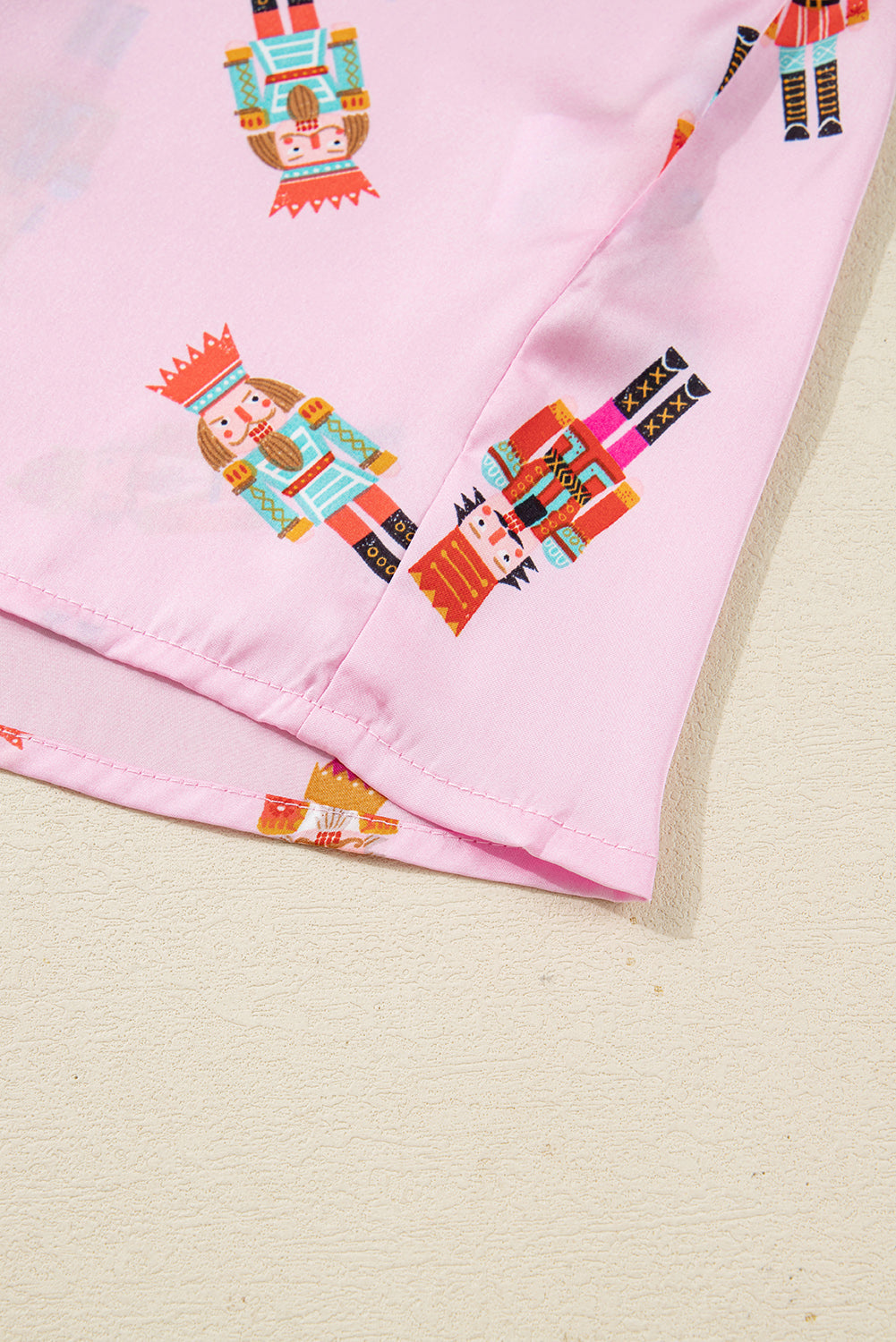 Nutcracker Print Contrast Trim Tied up Bow Silky 2pcs Pajama Set - eAura