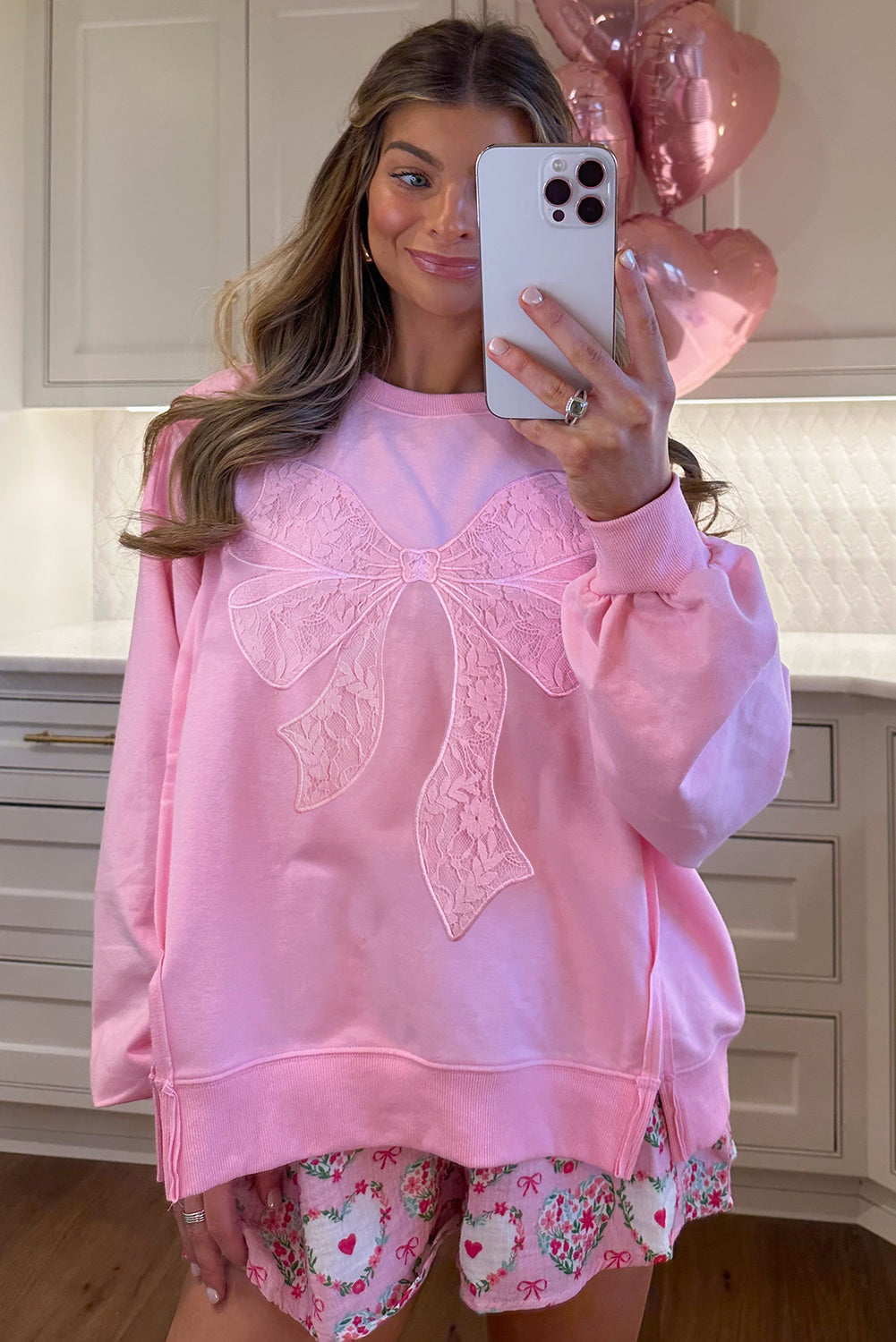 Lace Insert Bow Embroidered Exposed Seam Sweatshirt - eAura
