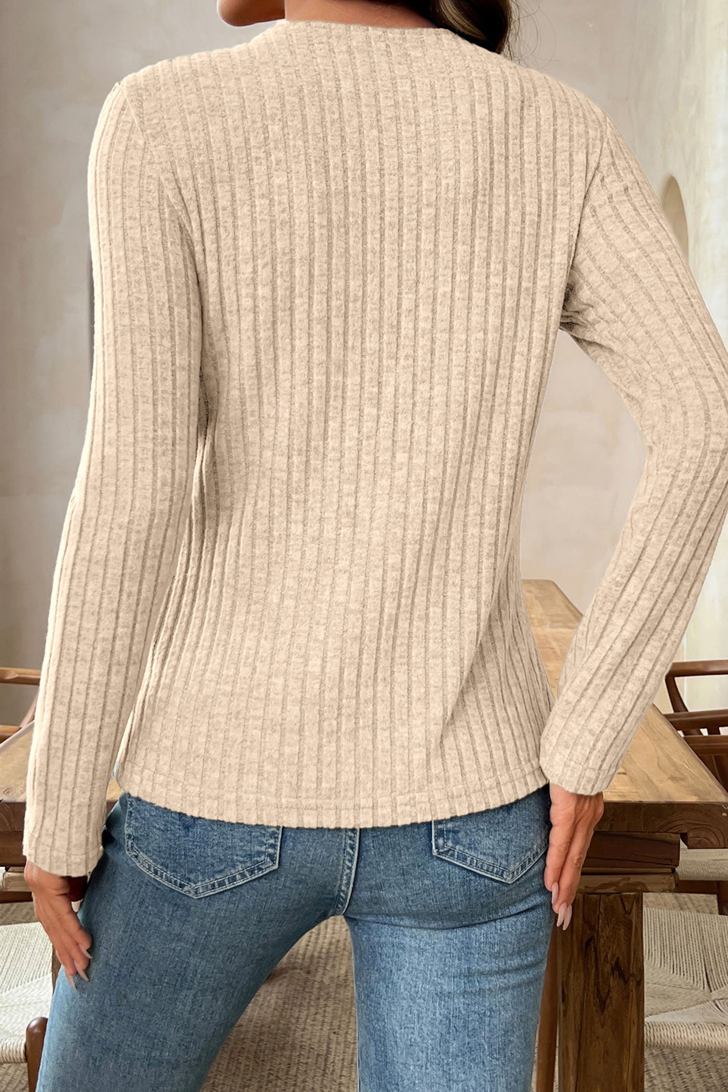 Apricot Solid Color Ribbed Knit Cowl Neck Long Sleeve Top – Beige