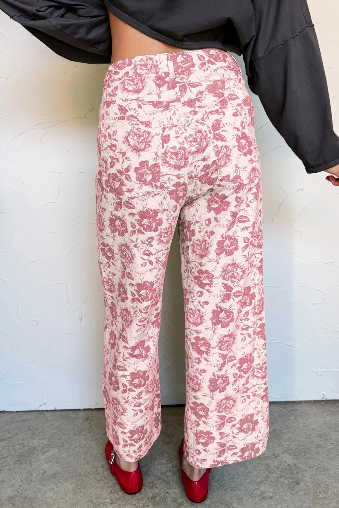 Pink Vintage Floral Print Denim Shift Jeans