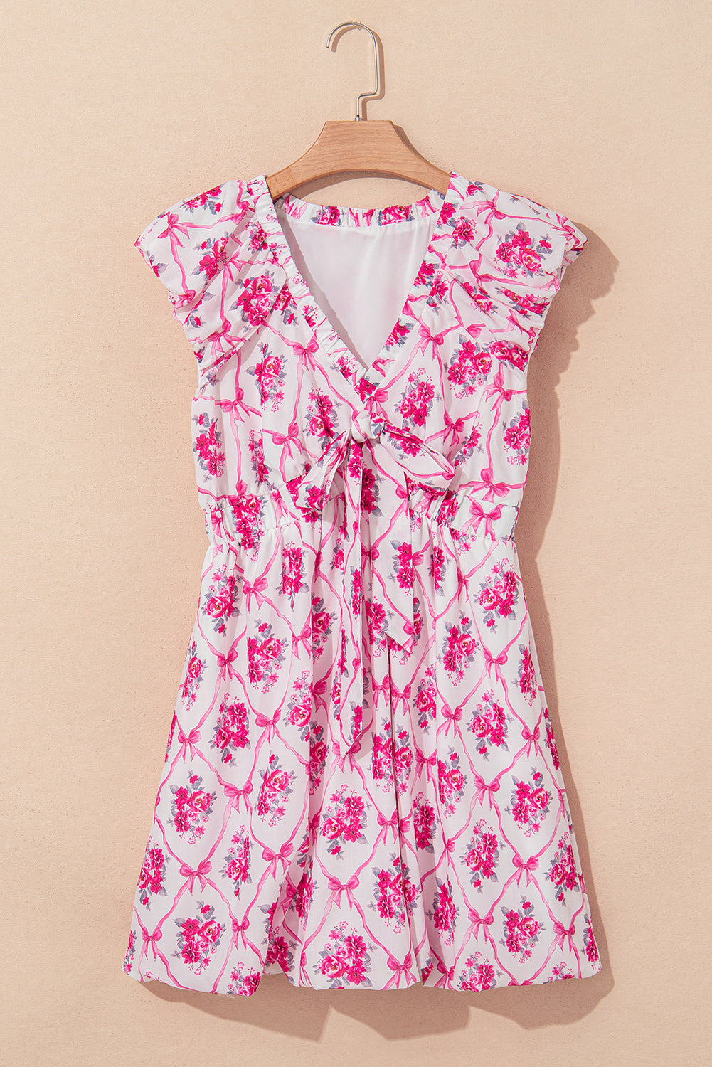 Multicolour Bow Lattice Floral Print V Neck Knot Decor Mini Dress eAura