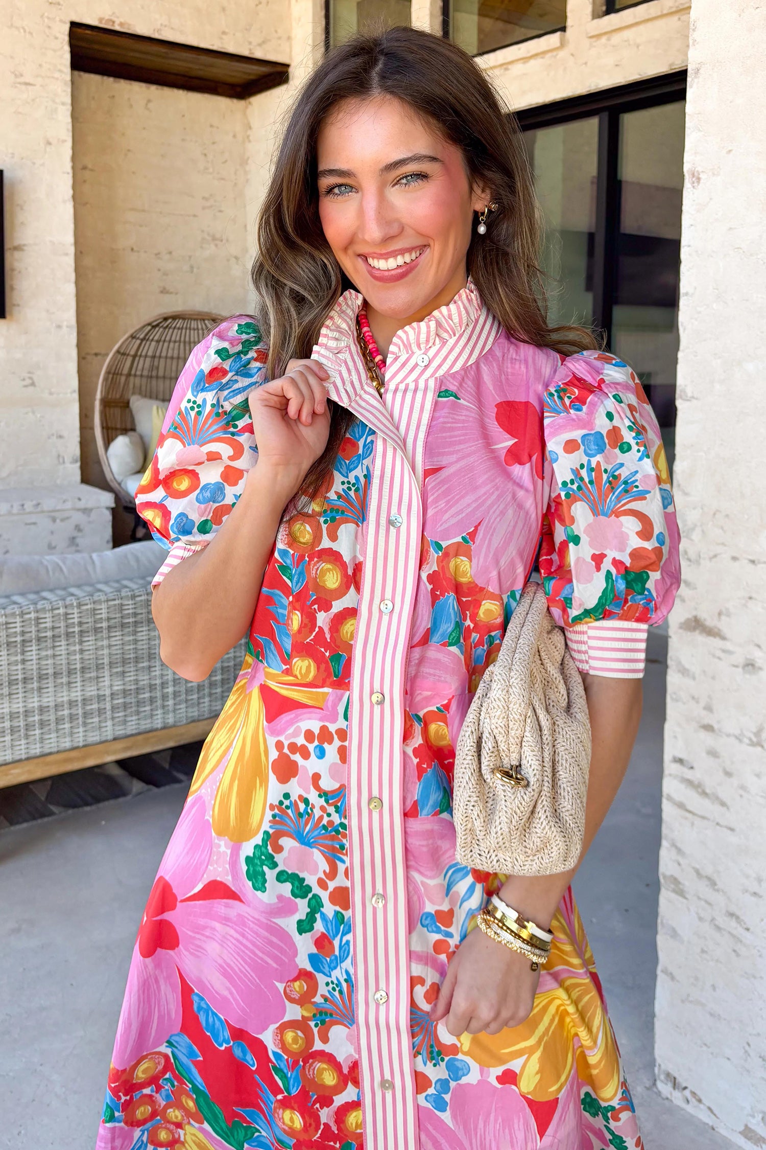 Floral Print Striped Trim Button-Down Shirt Dress