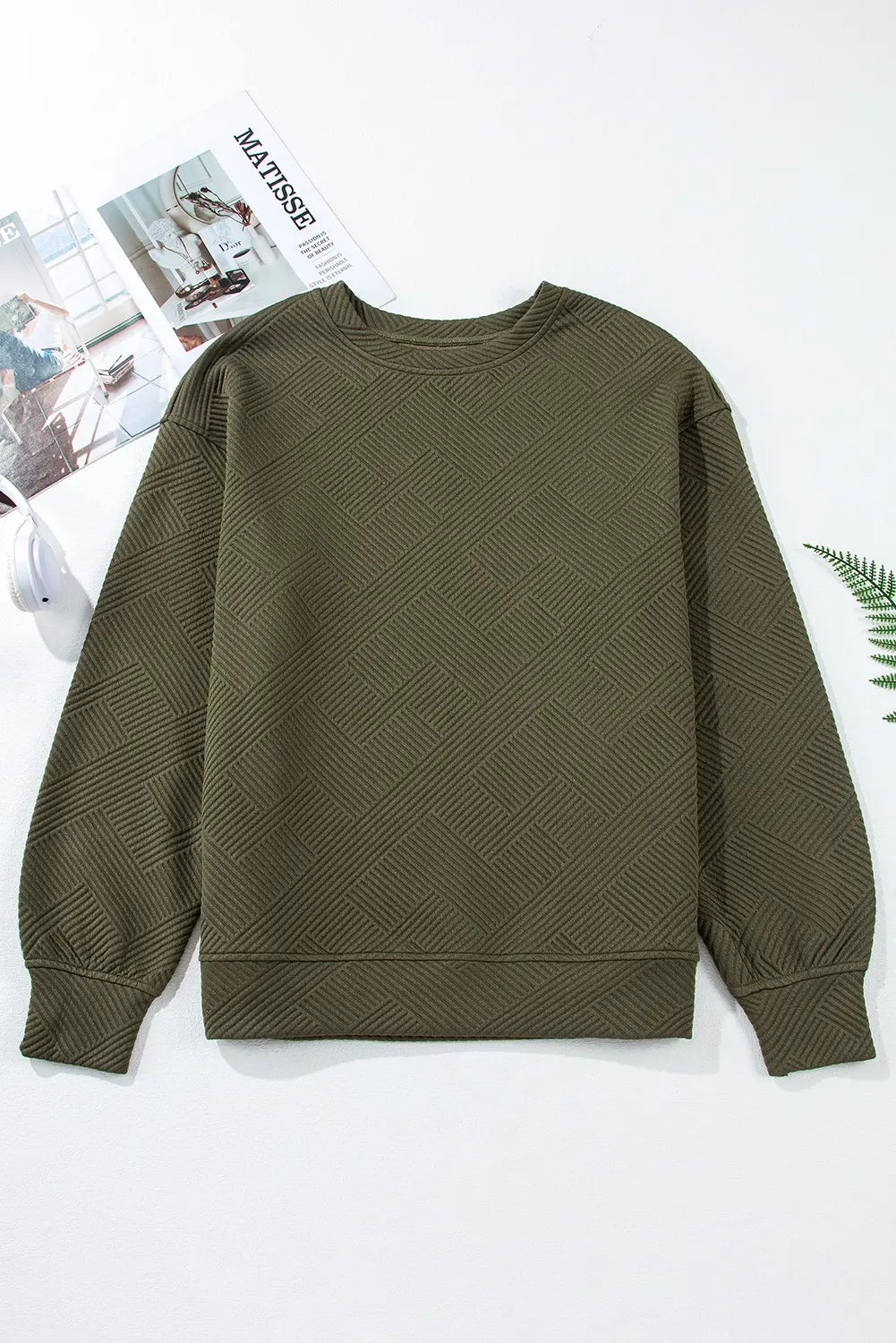 Jungle Solid Colour Textured Round Neck Drop Shoulder Pullover Sweatshirt – Green