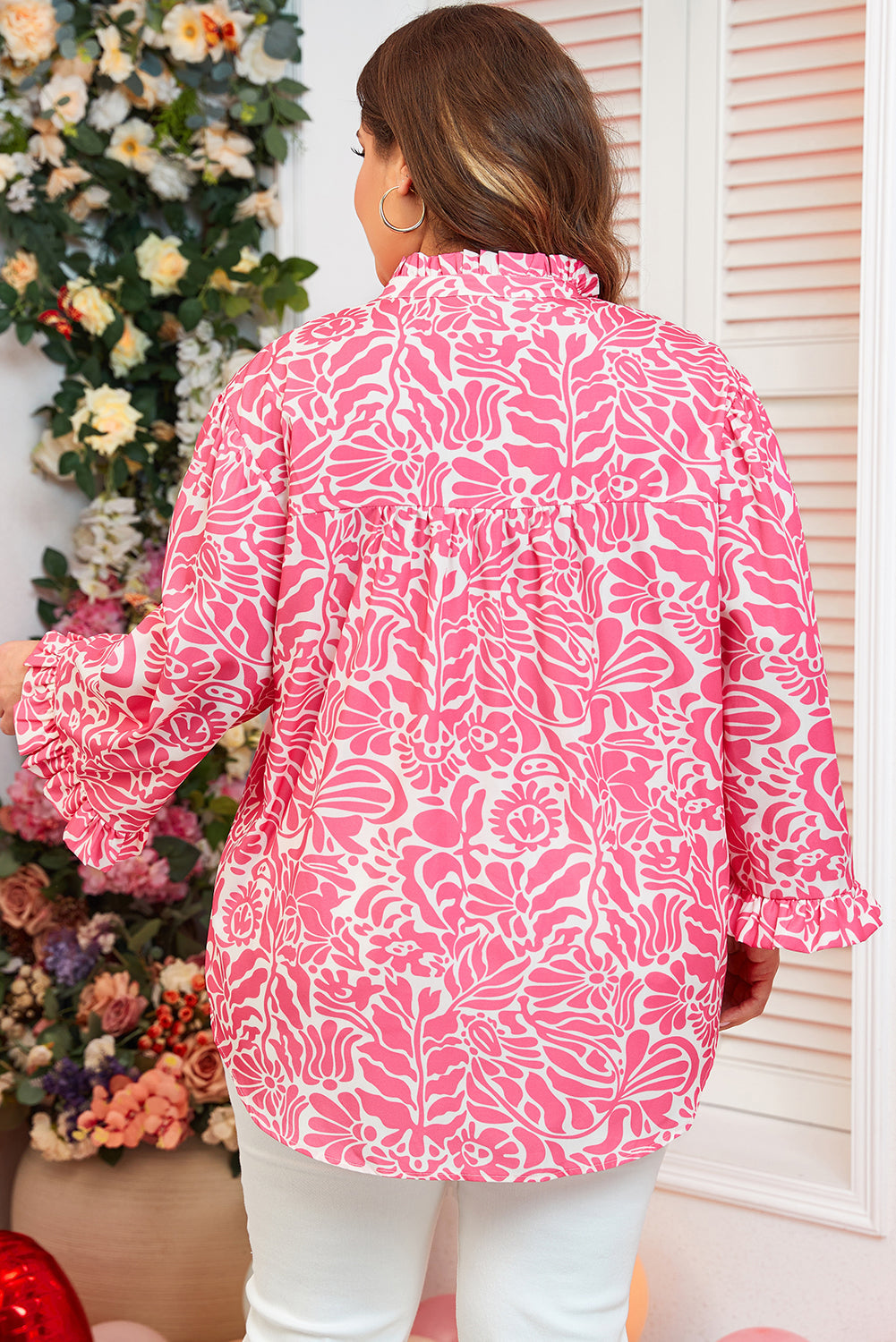 Pink Plus Size Floral Print Frilled Neck Puff Sleeve Top BB Fashion Outlet