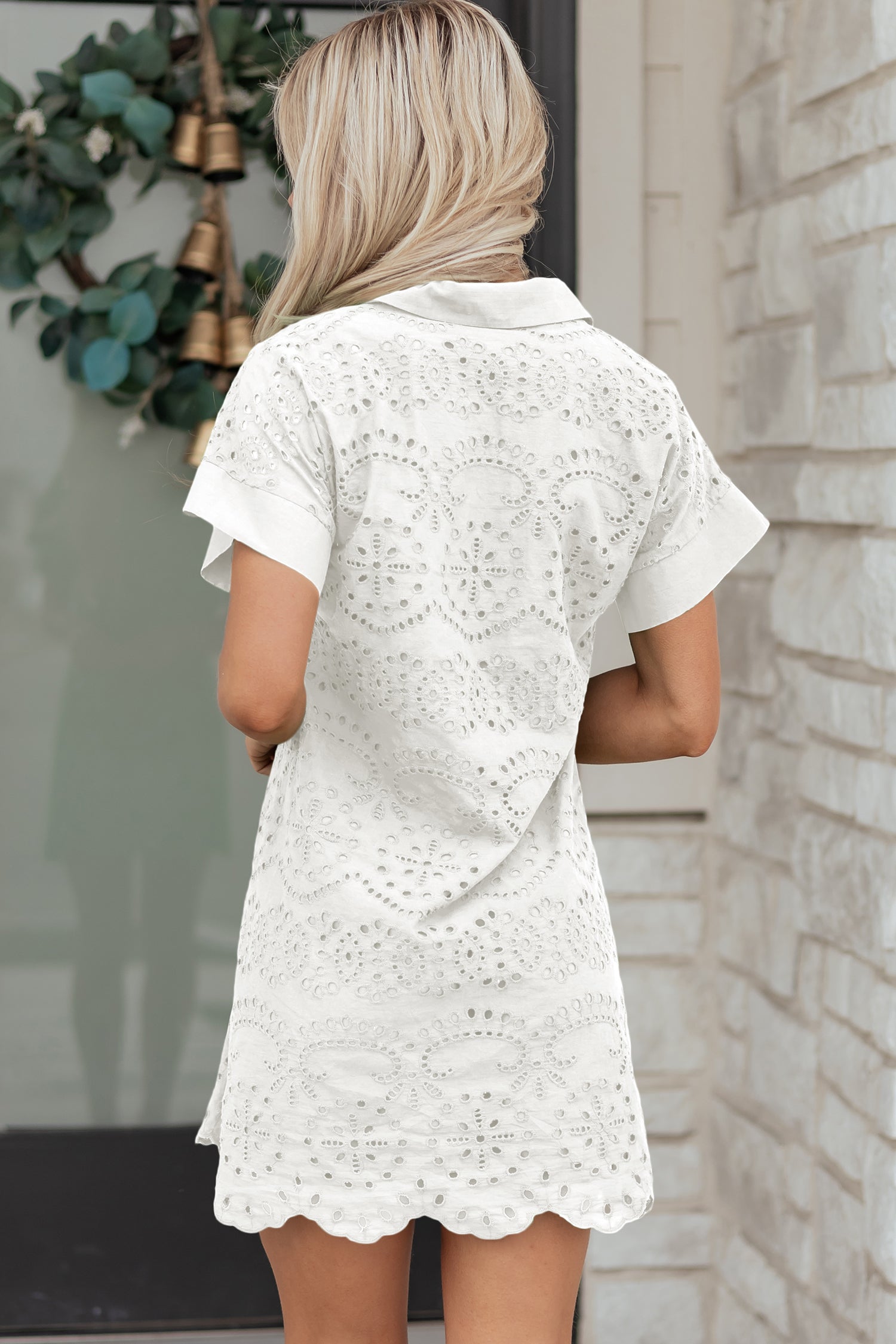 Solid Color Eyelet Embroidered T Shirt Mini Dress – Rose Red